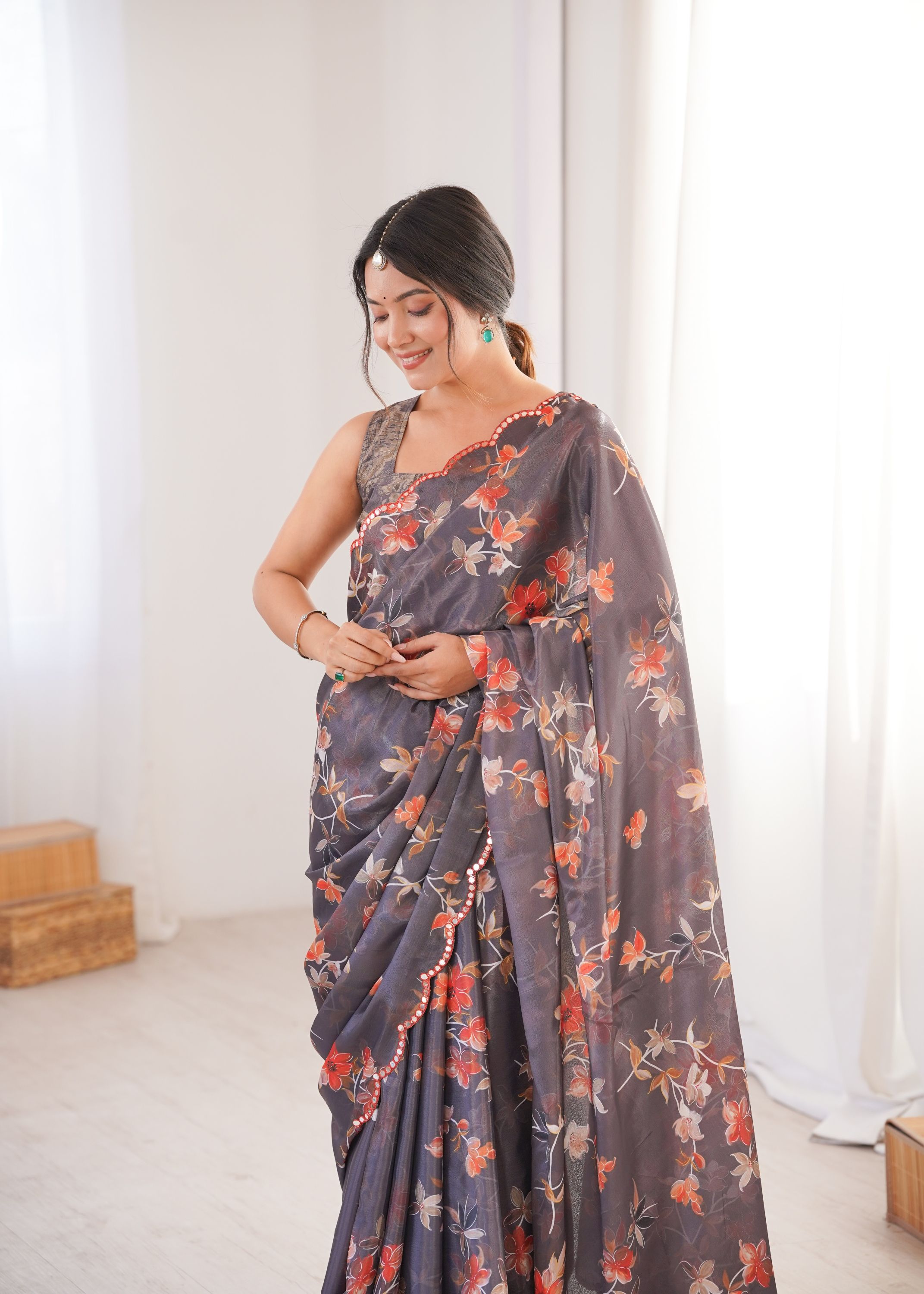 Dark Grey Chinon Printed Mirror Work Saree