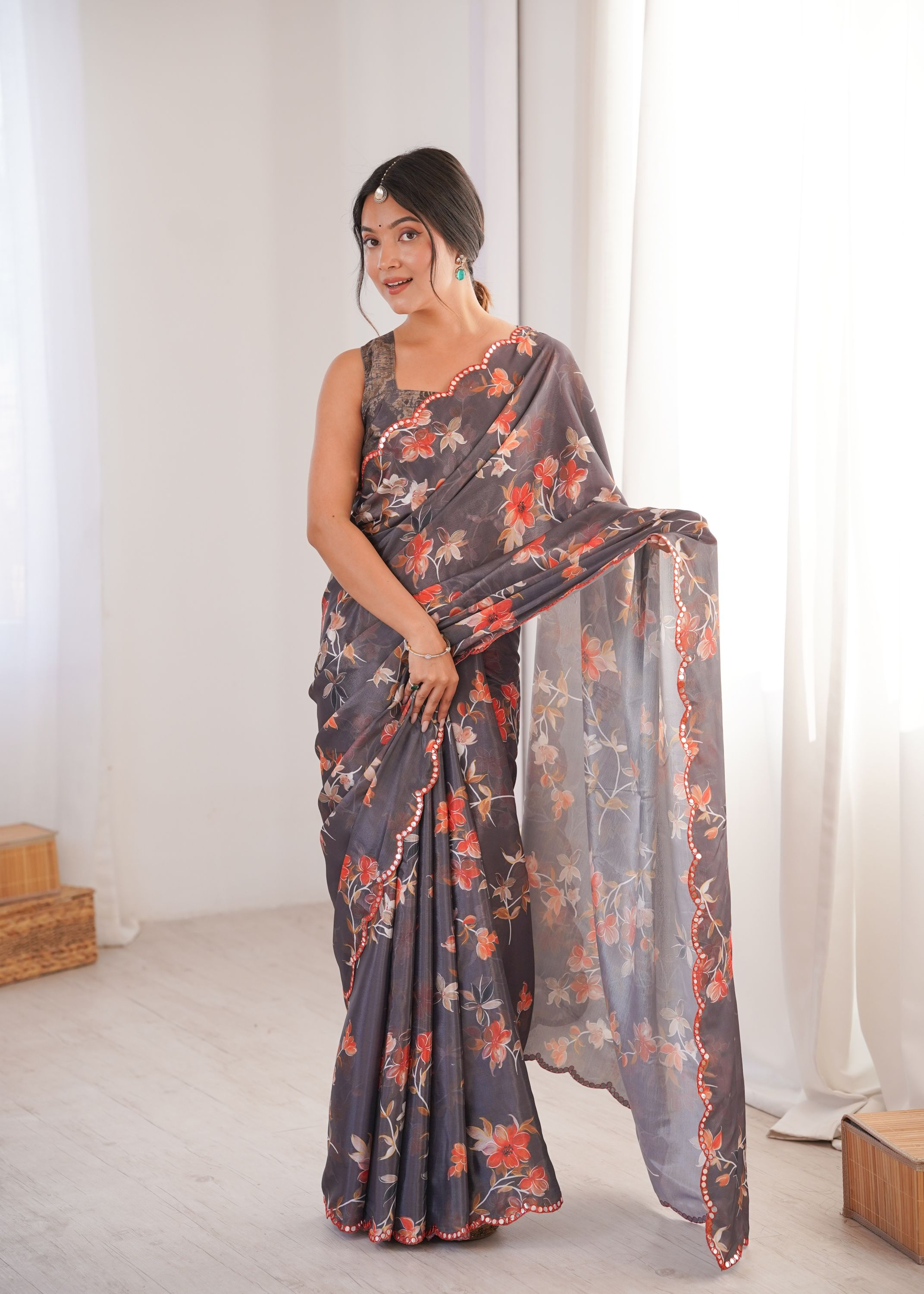 Dark Grey Chinon Printed Mirror Work Saree