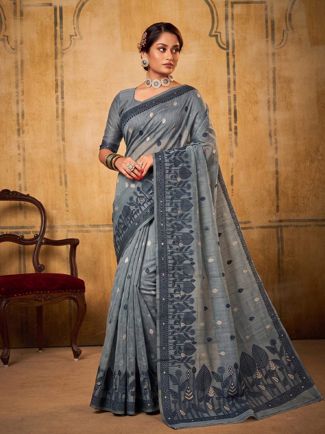 Dark Grey Floral Weaving Cotton Designer Saree