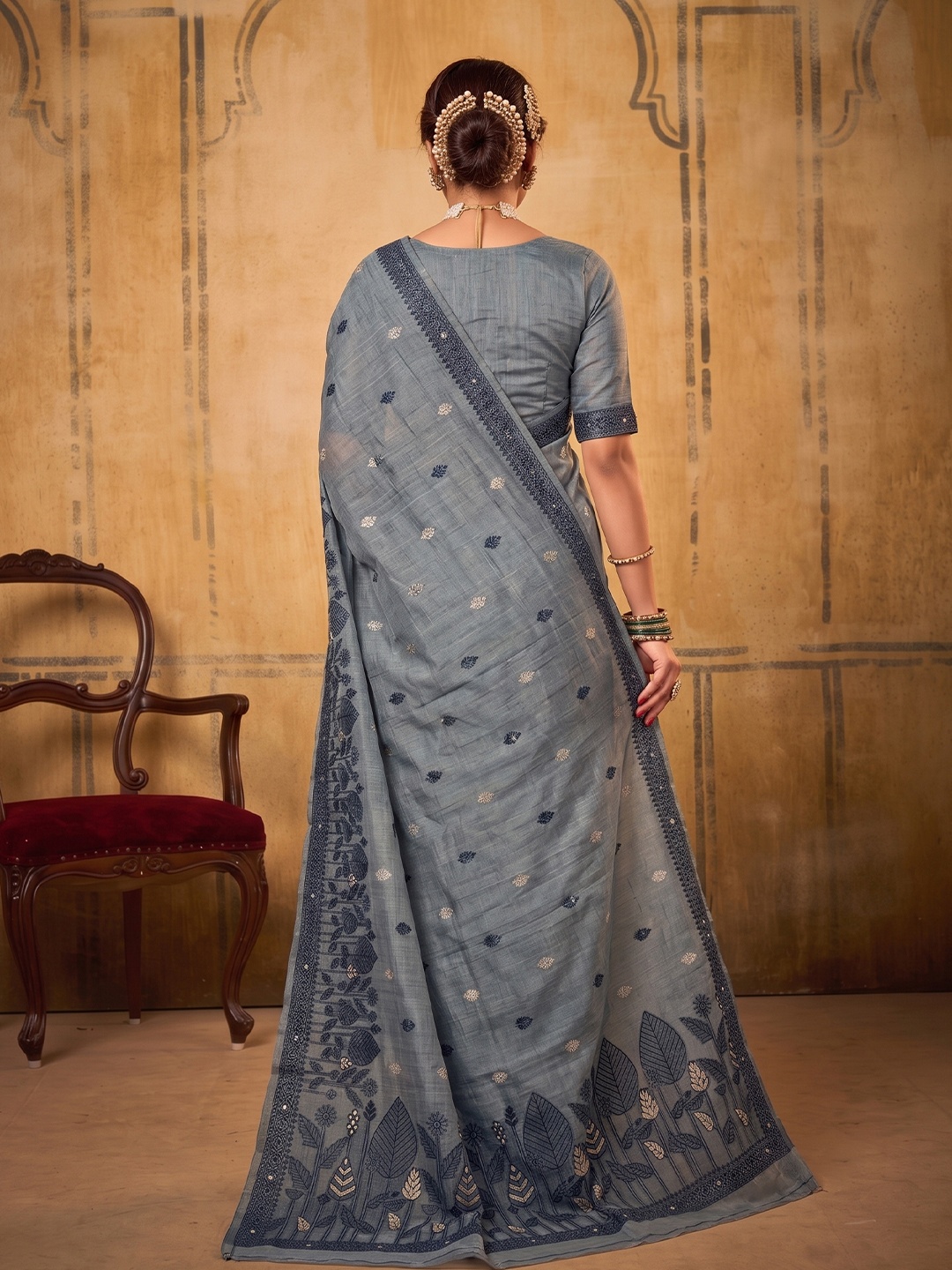 Dark Grey Floral Weaving Cotton Designer Saree — alternate view