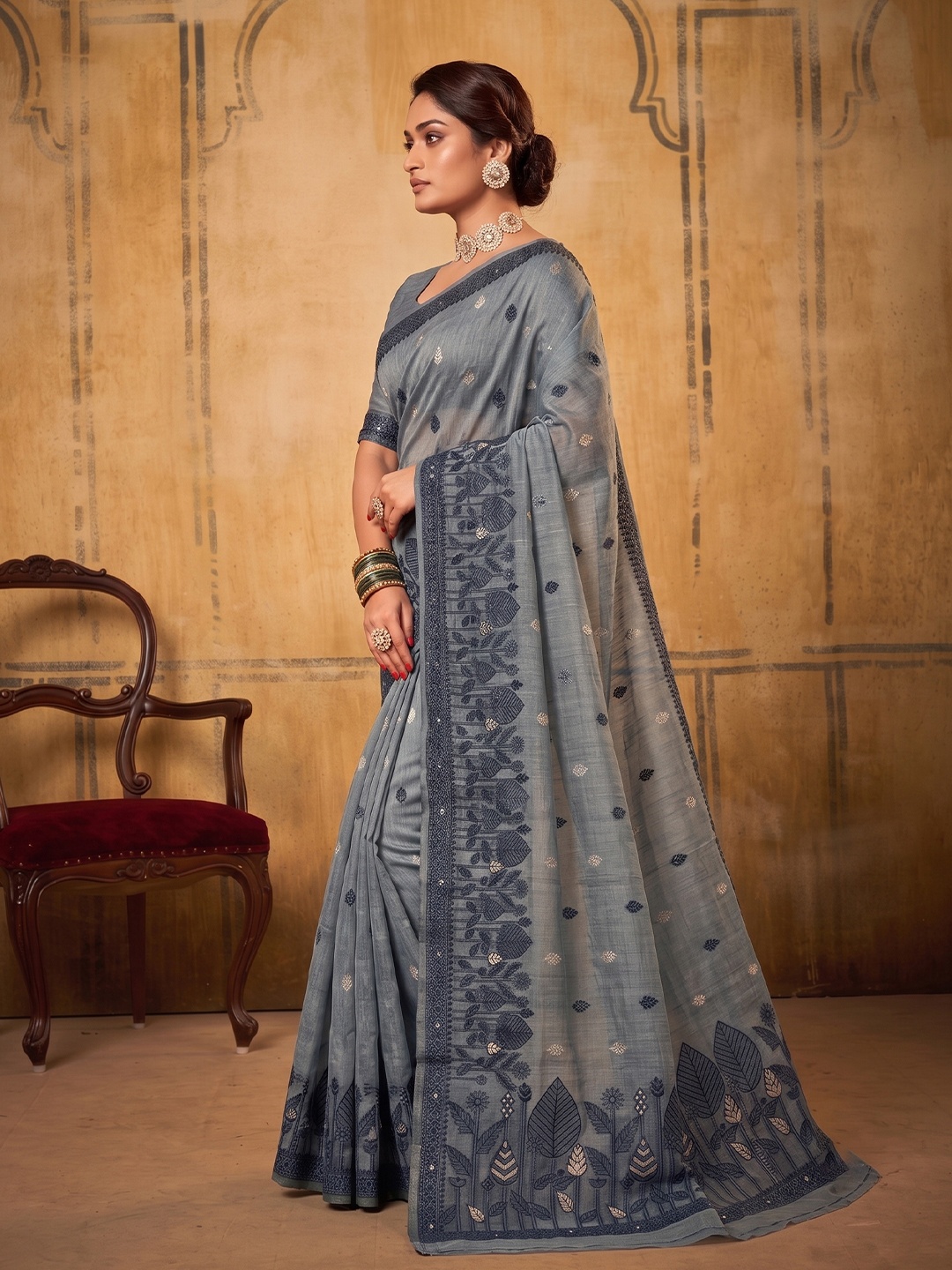 Dark Grey Floral Weaving Cotton Designer Saree
