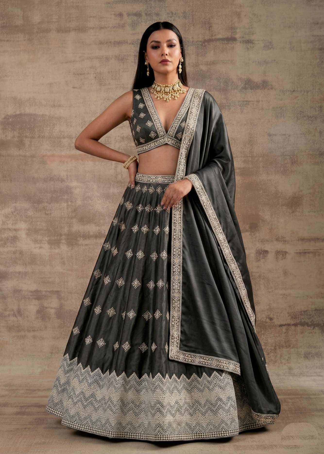 Dark Grey Geometric Zari Satin Umbrella Lehenga