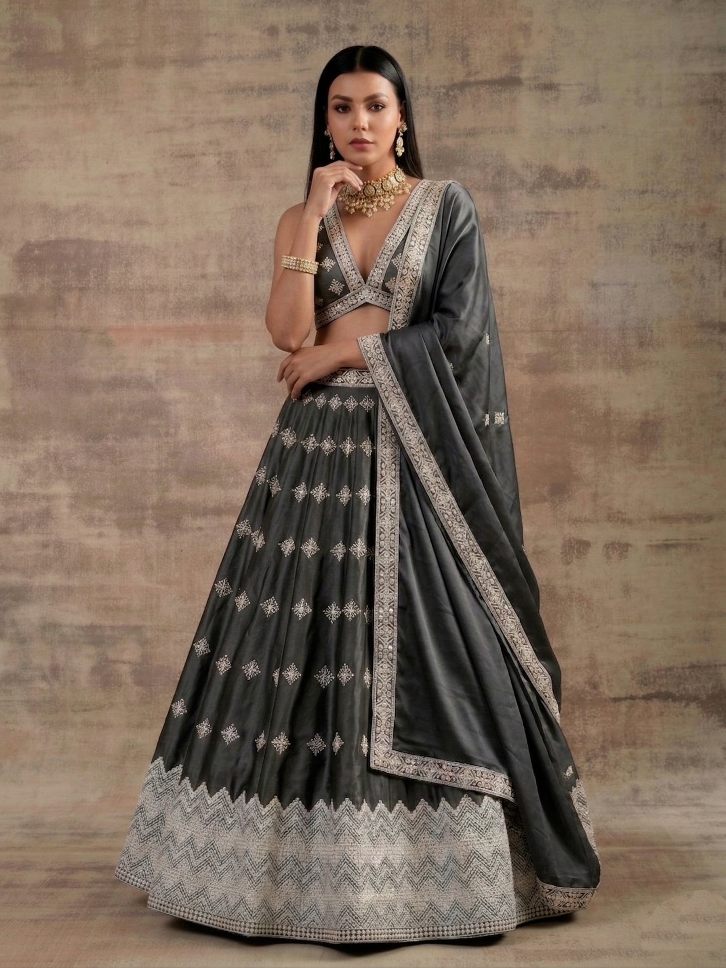 Dark Grey Geometric Zari Satin Umbrella Lehenga — alternate view