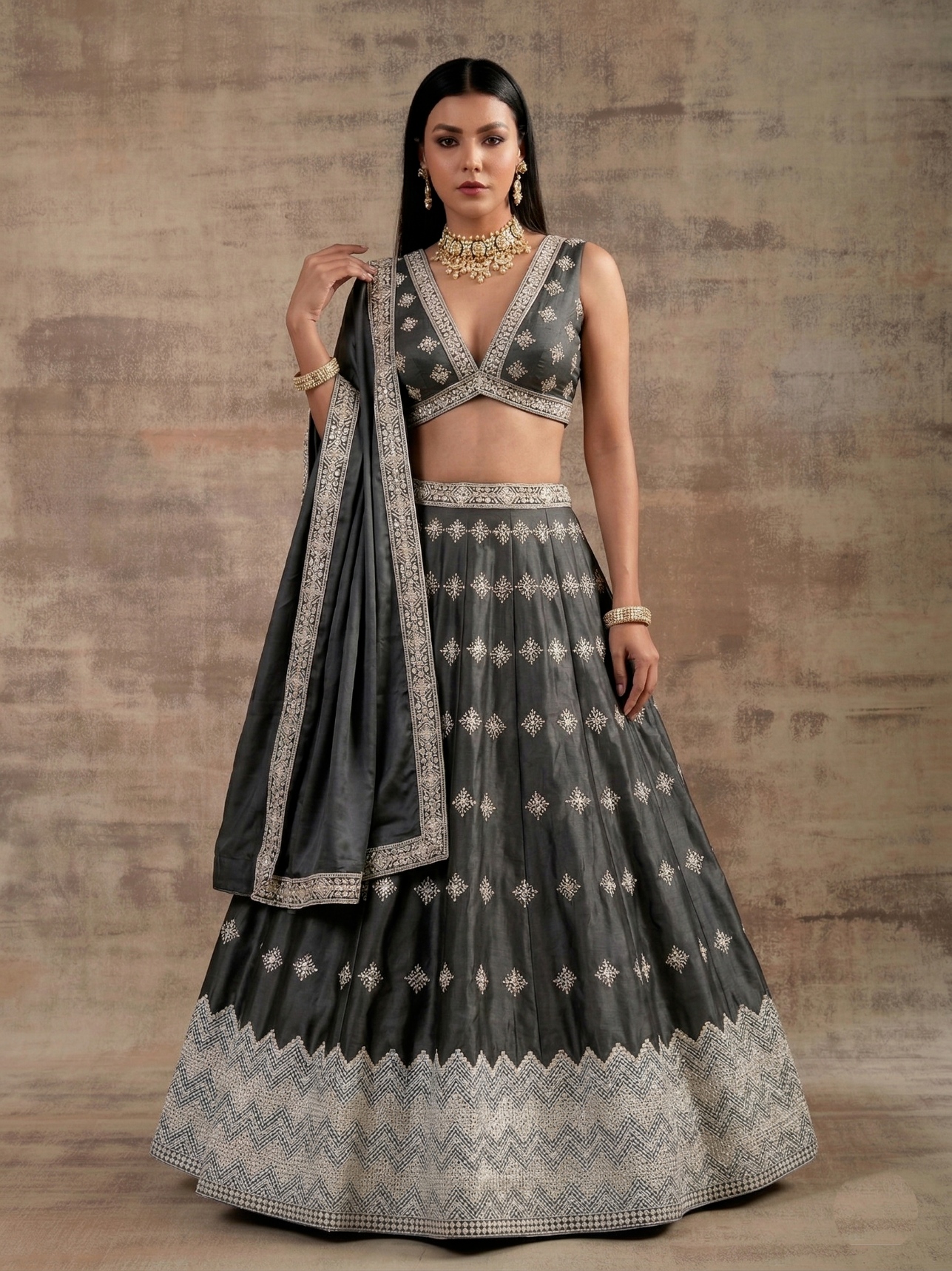 Dark Grey Geometric Zari Satin Umbrella Lehenga