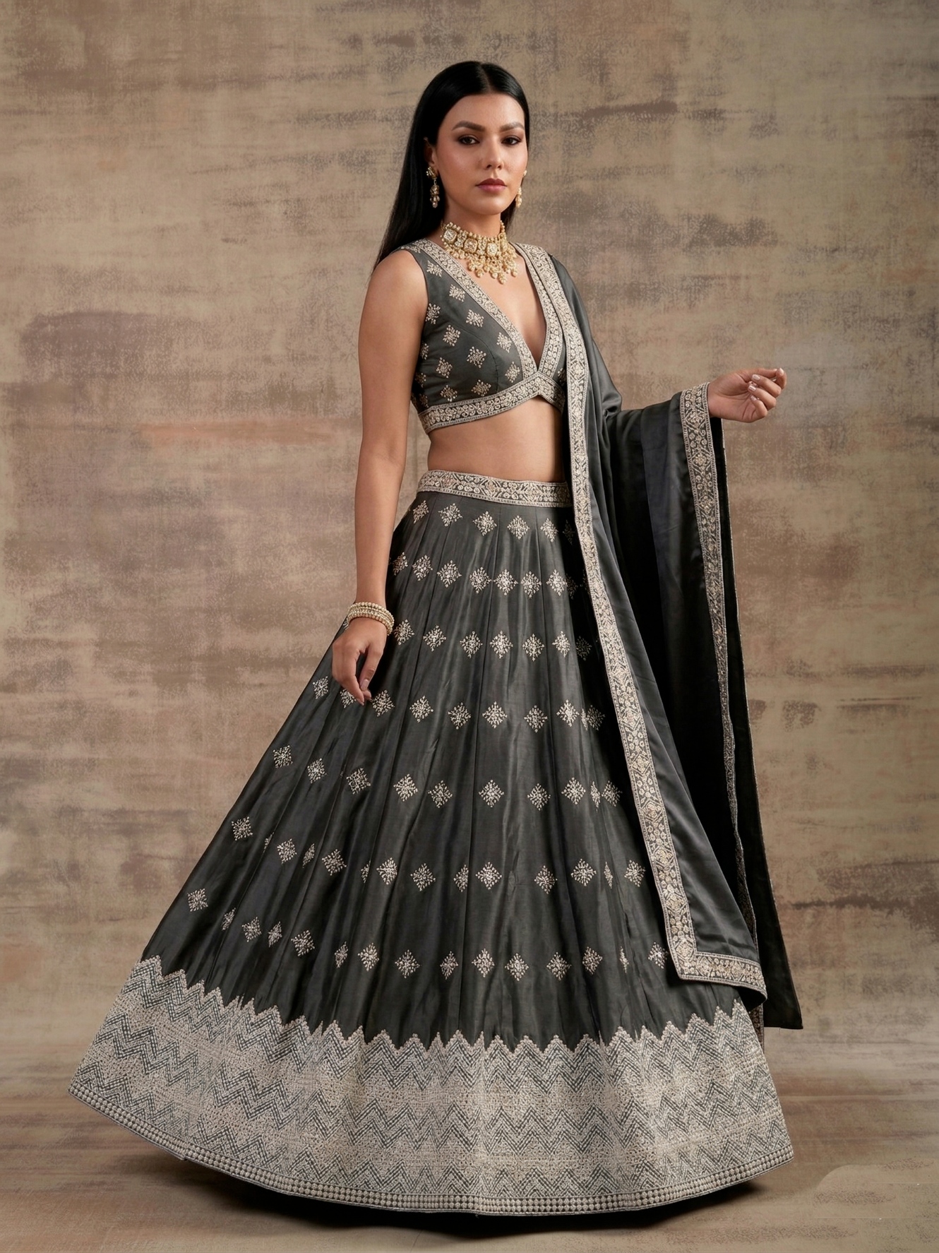 Dark Grey Geometric Zari Satin Umbrella Lehenga