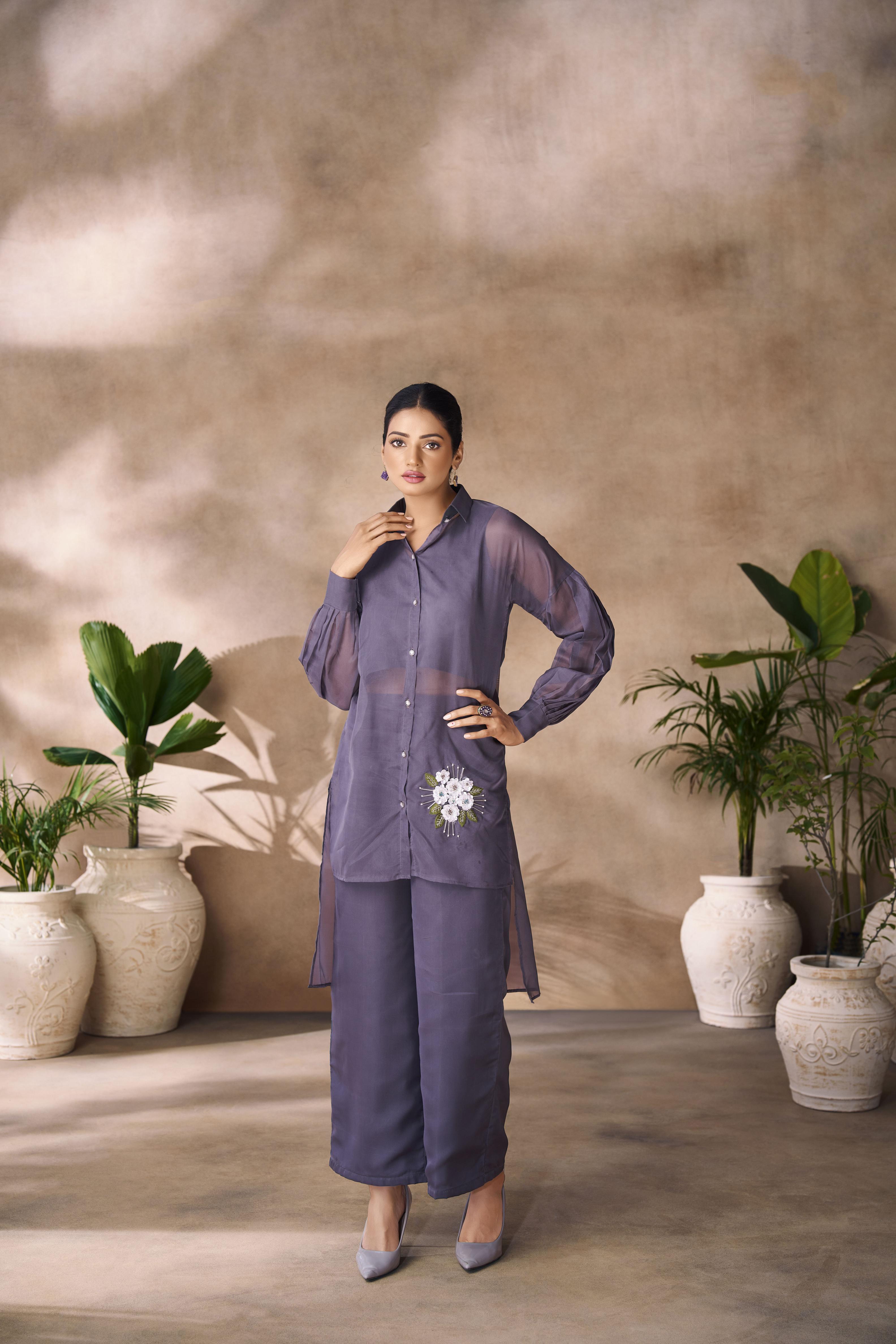 Dark Grey Organza Designer Hand Work Kurti