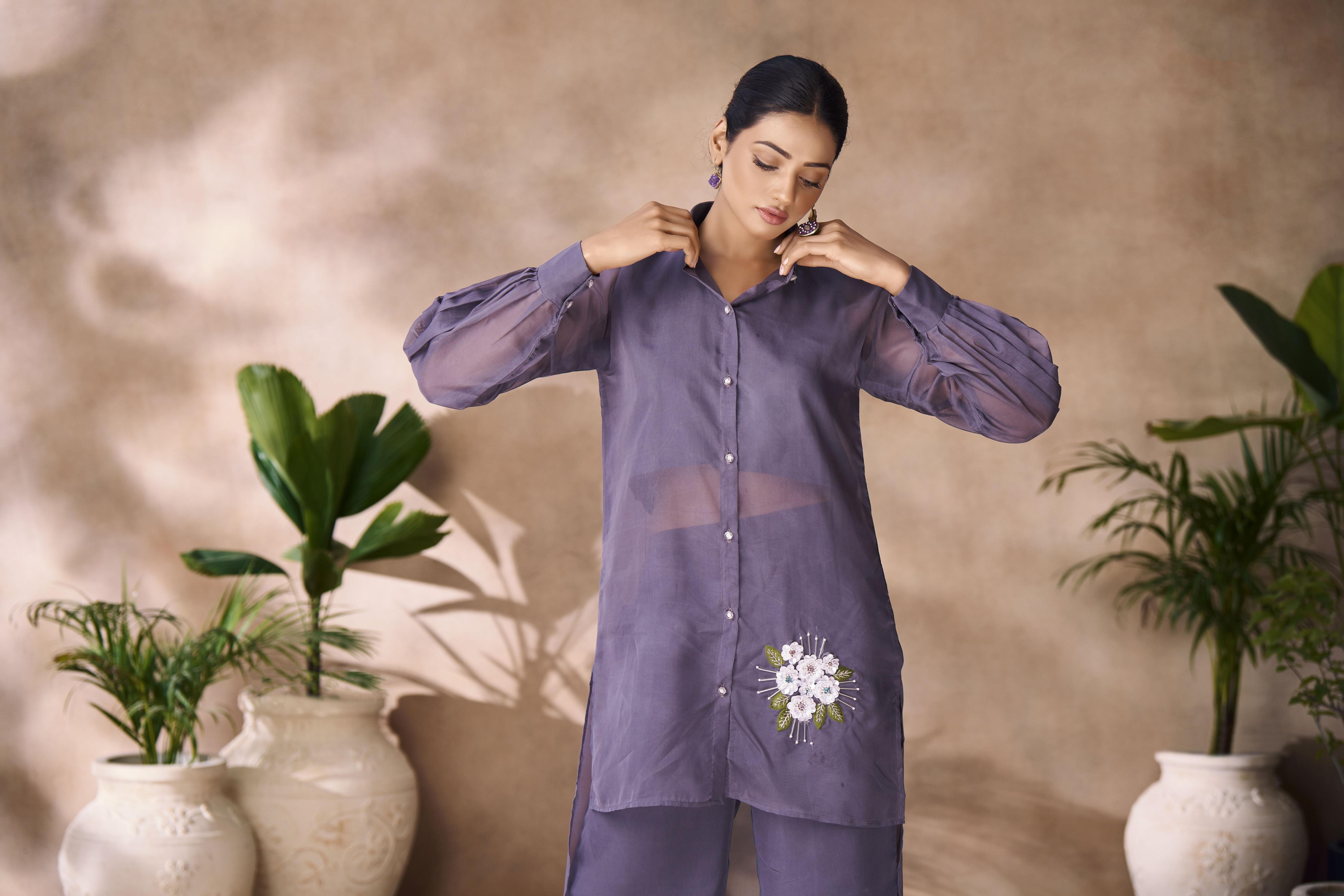 Dark Grey Organza Designer Hand Work Kurti — alternate view