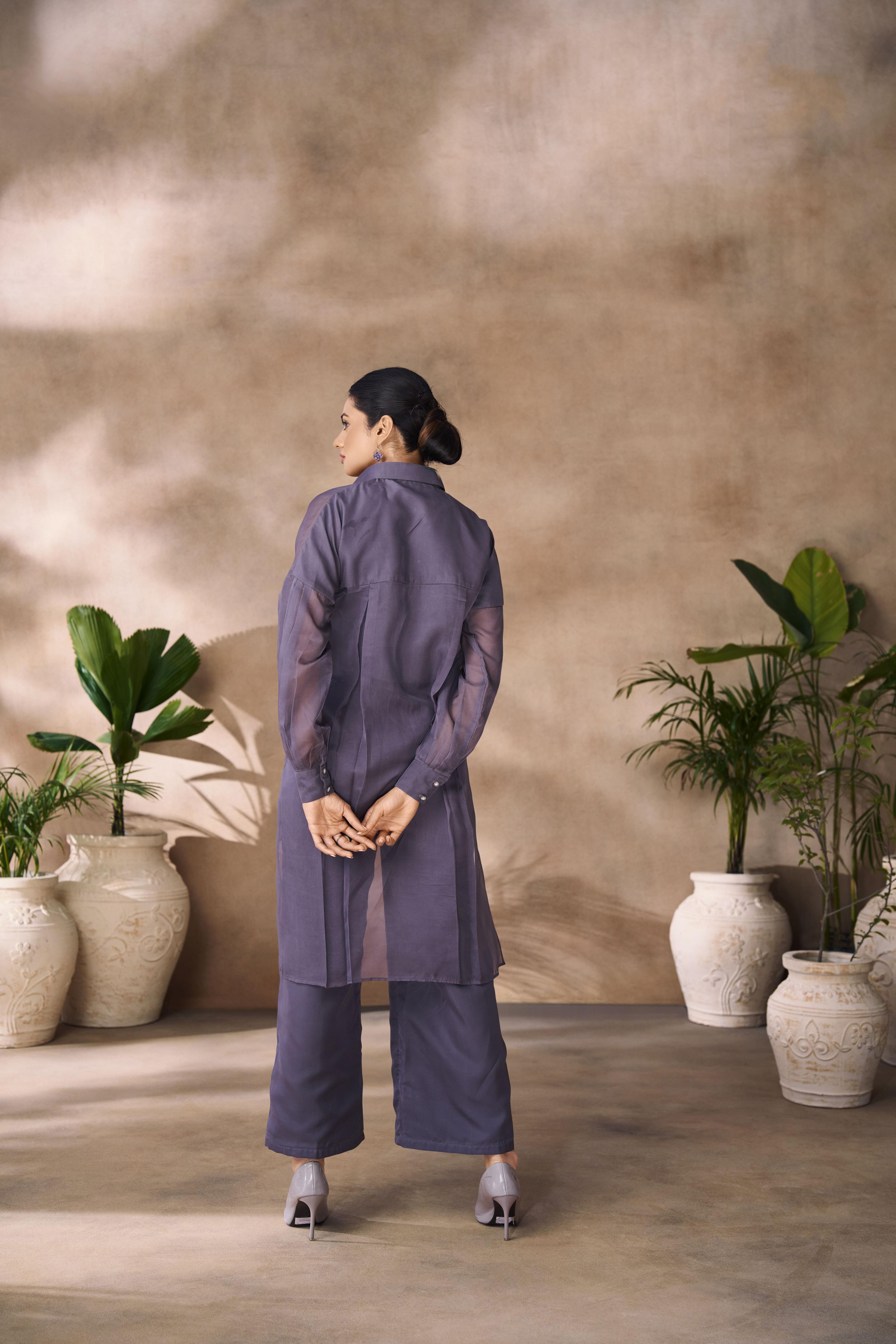 Dark Grey Organza Designer Hand Work Kurti