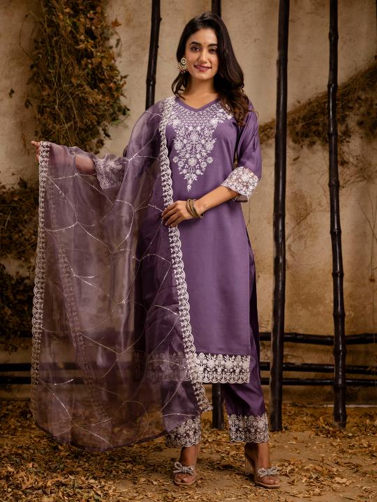 Dark Lavender Silk Blend Readymade Suits