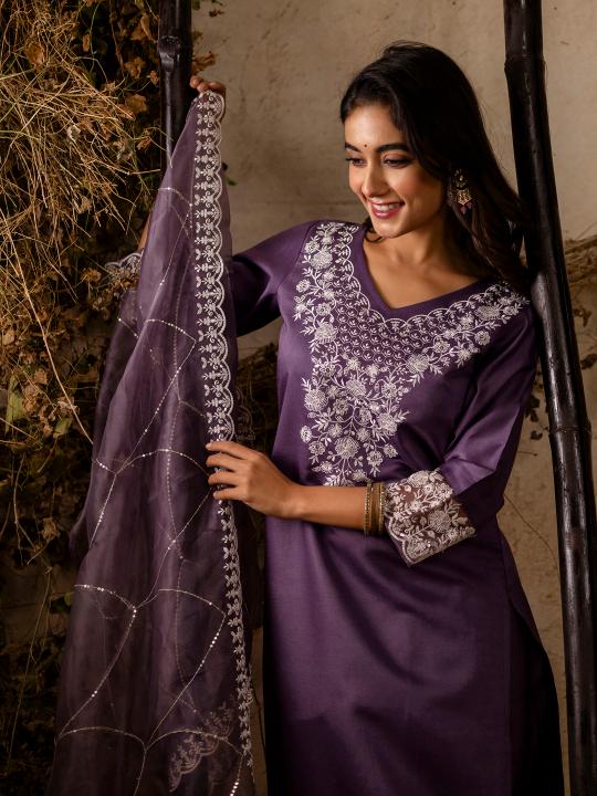 Dark Lavender Silk Blend Readymade Suits