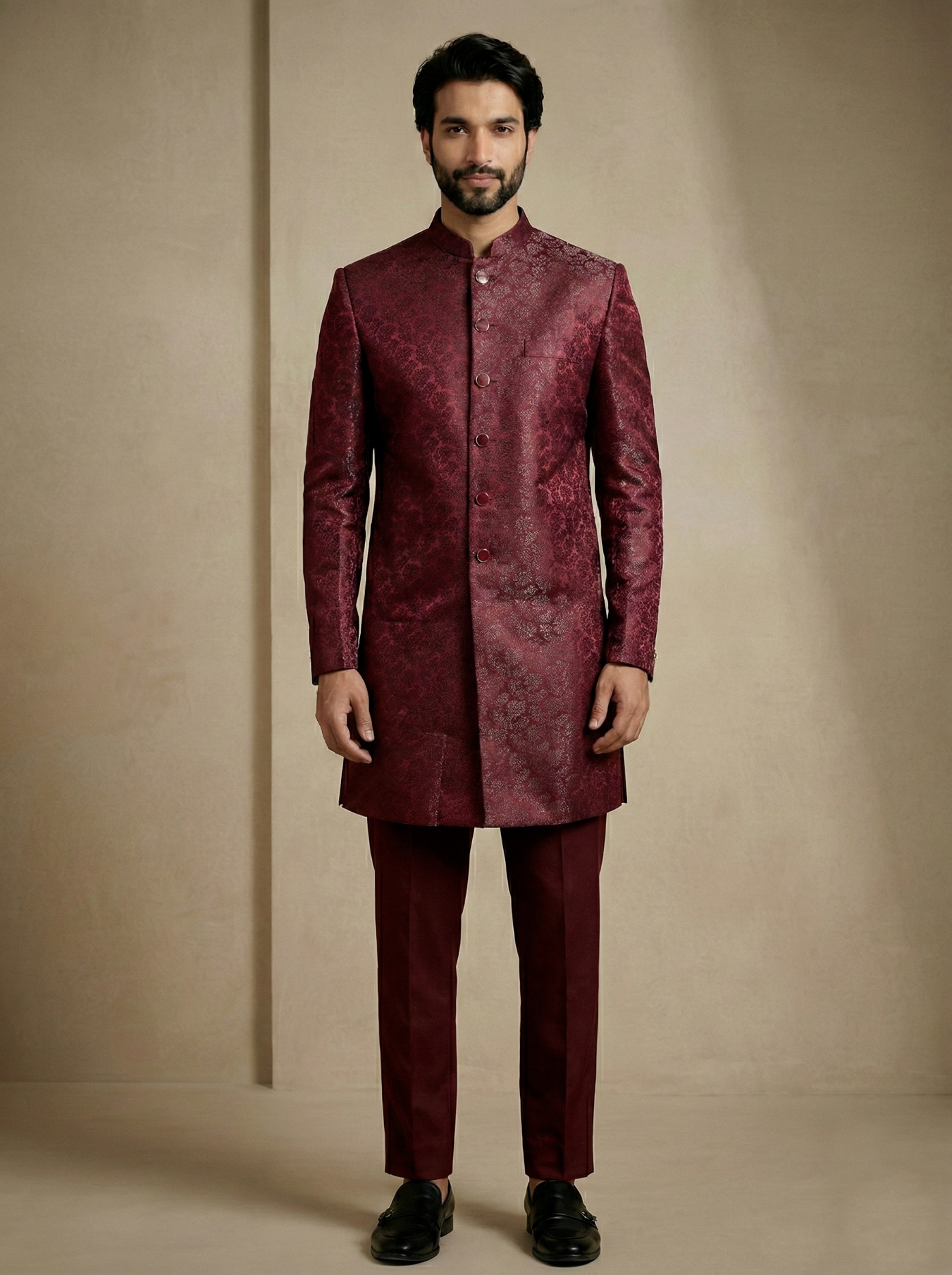 Dark Maroon Floral Donier Jacquard Indo-Western Sherwani