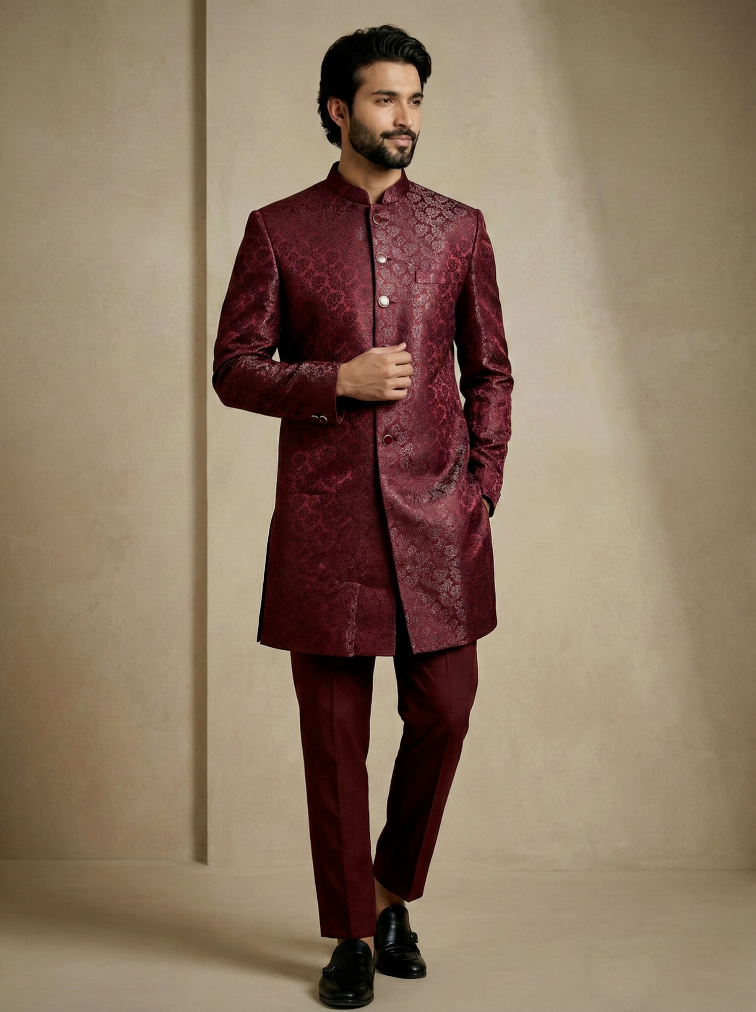 Dark Maroon Floral Donier Jacquard Indo-Western Sherwani — alternate view