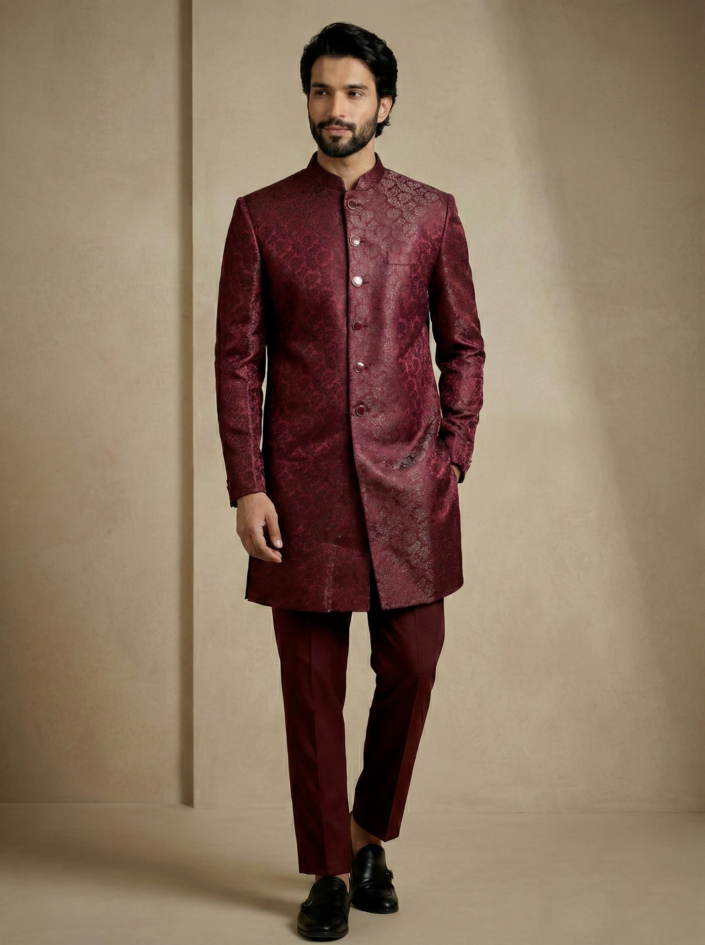 Dark Maroon Floral Donier Jacquard Indo-Western Sherwani