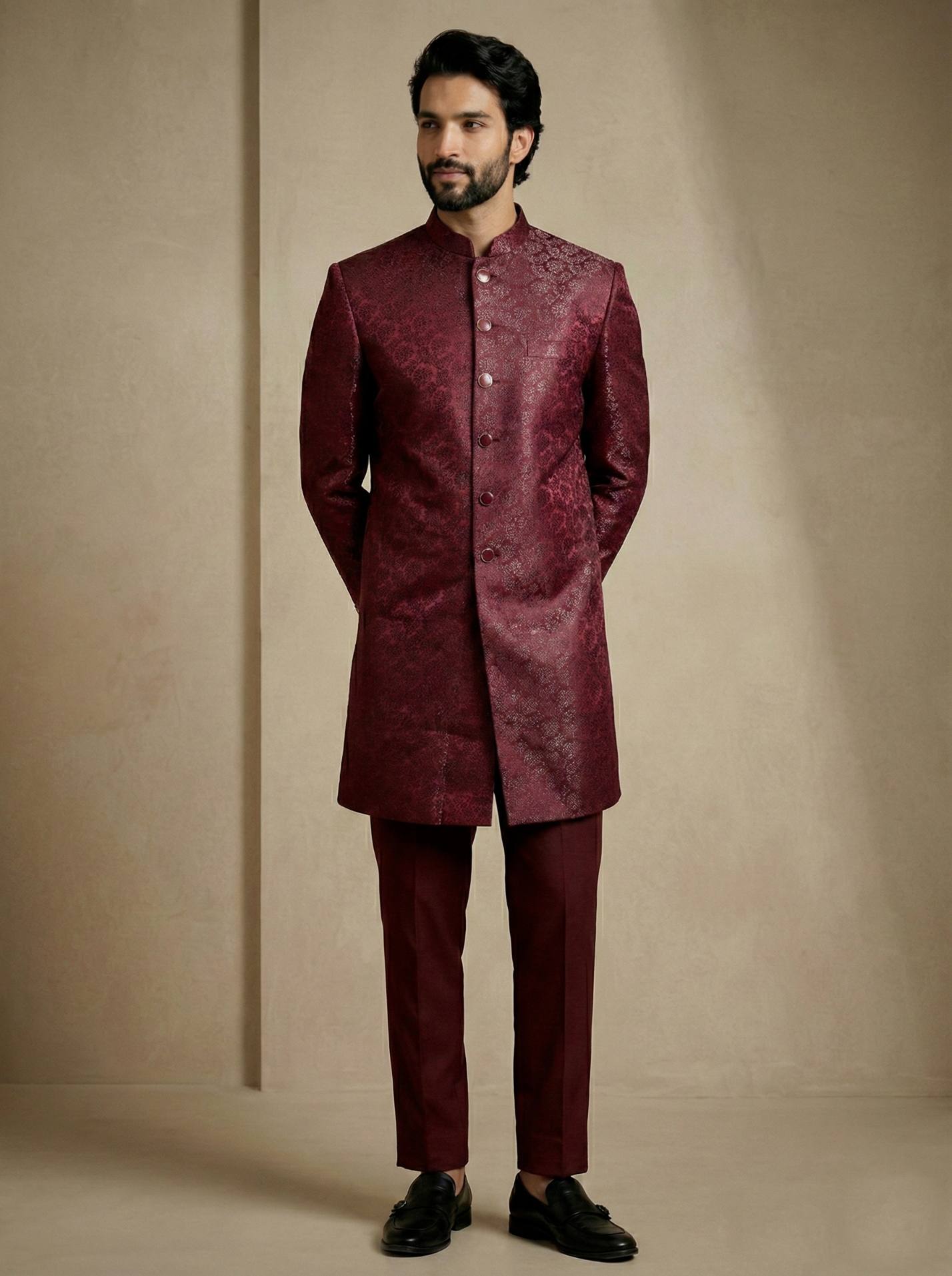 Dark Maroon Floral Donier Jacquard Indo-Western Sherwani