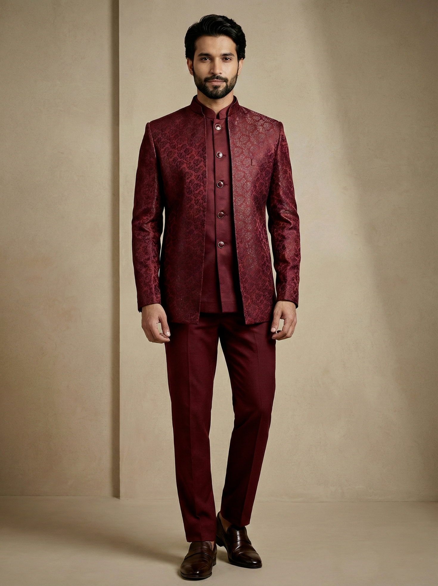 Dark Maroon Floral Donier Jacquard Indo-Western Sherwani