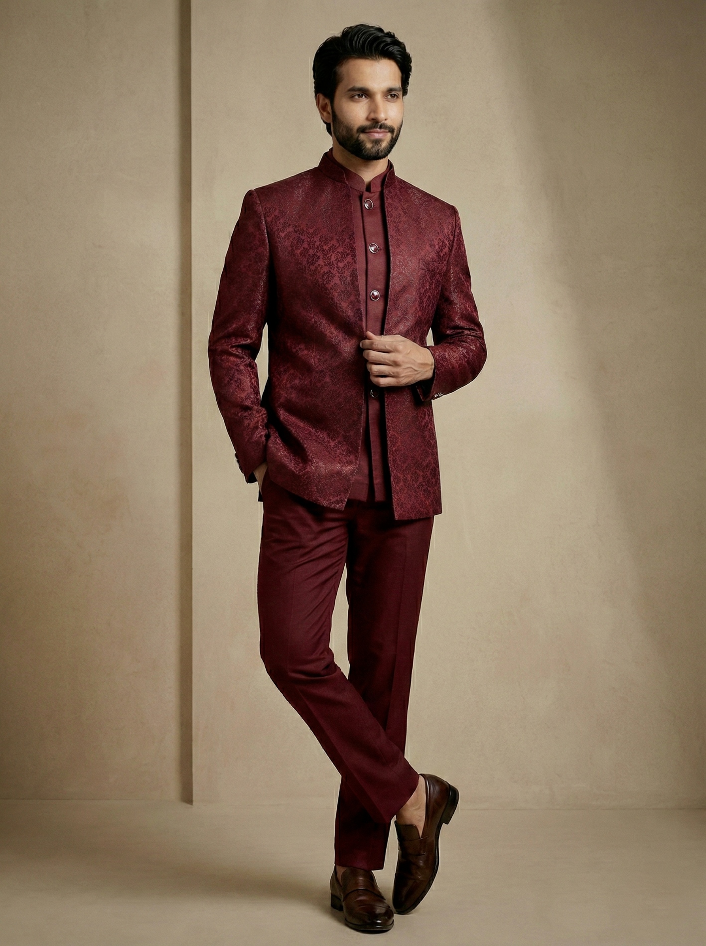 Dark Maroon Floral Donier Jacquard Indo-Western Sherwani — alternate view
