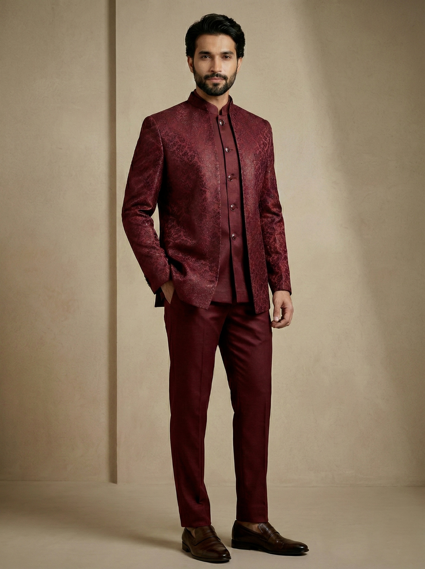 Dark Maroon Floral Donier Jacquard Indo-Western Sherwani