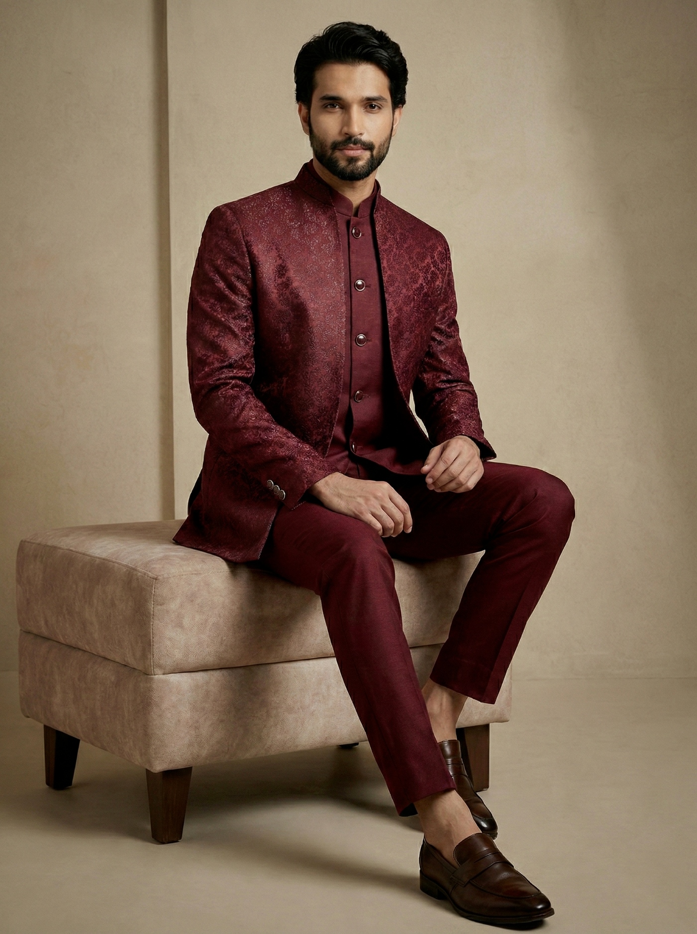 Dark Maroon Floral Donier Jacquard Indo-Western Sherwani