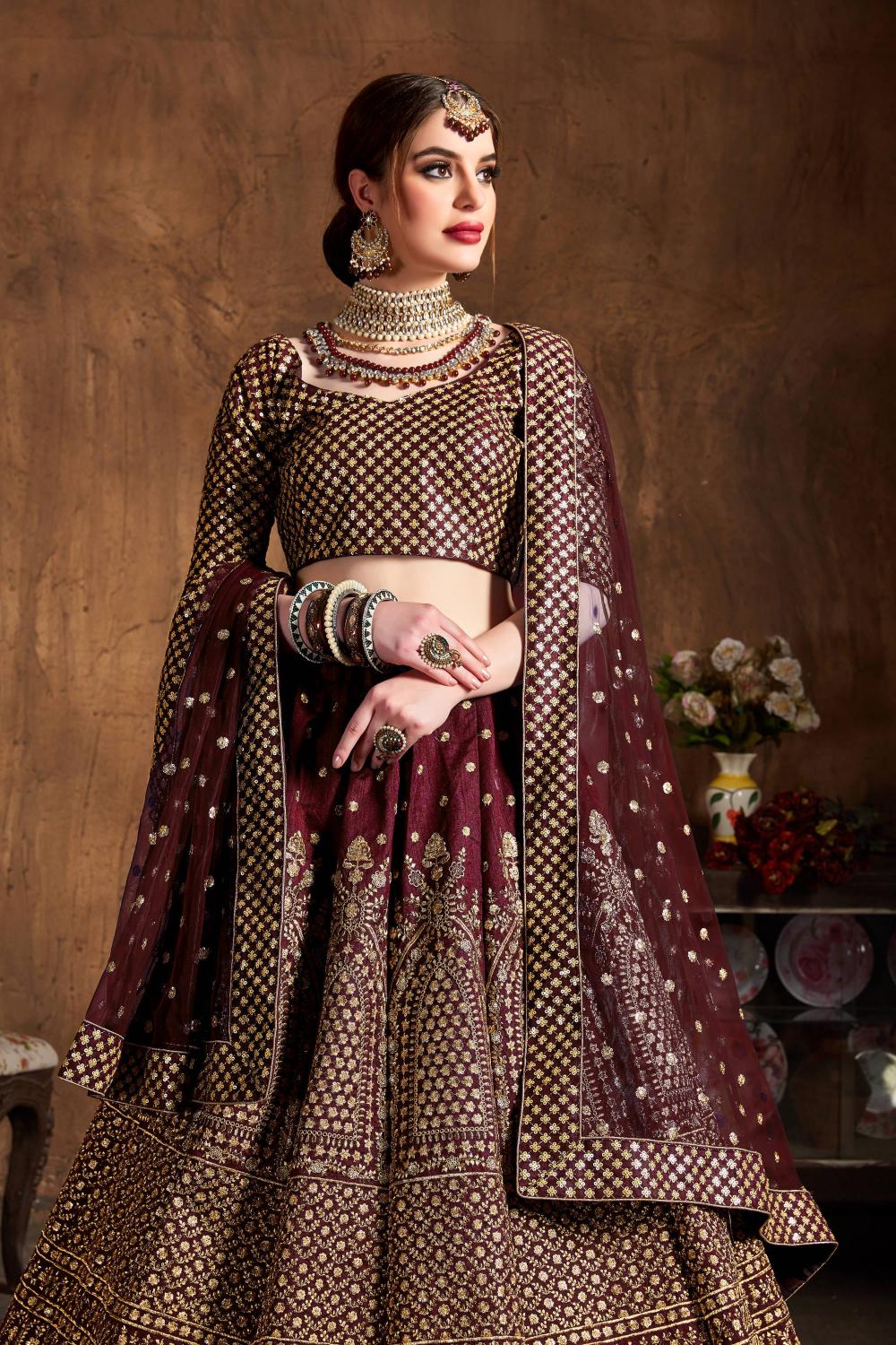 Dark Maroon Raw Silk Lehenga Choli