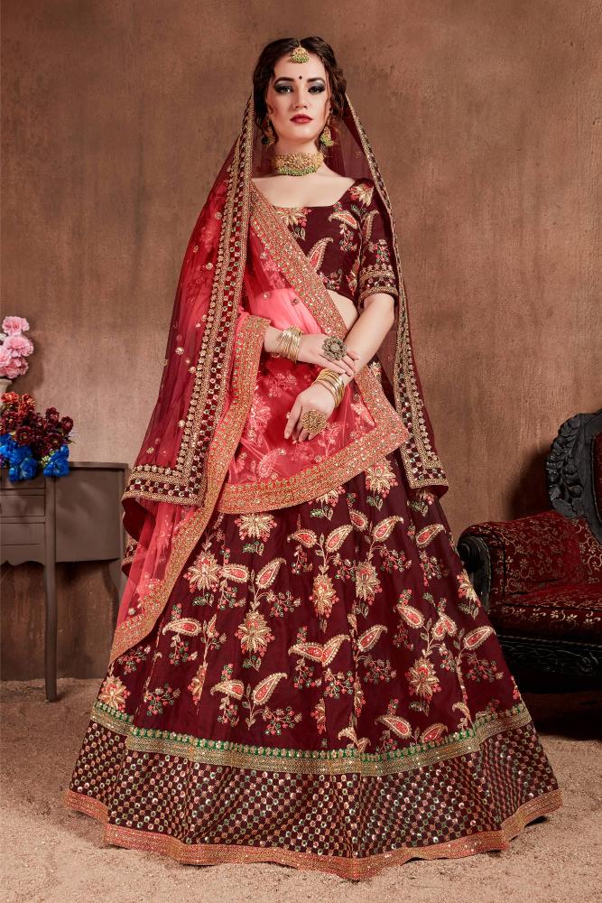 Dark Maroon Taffeta Silk Lehenga Choli