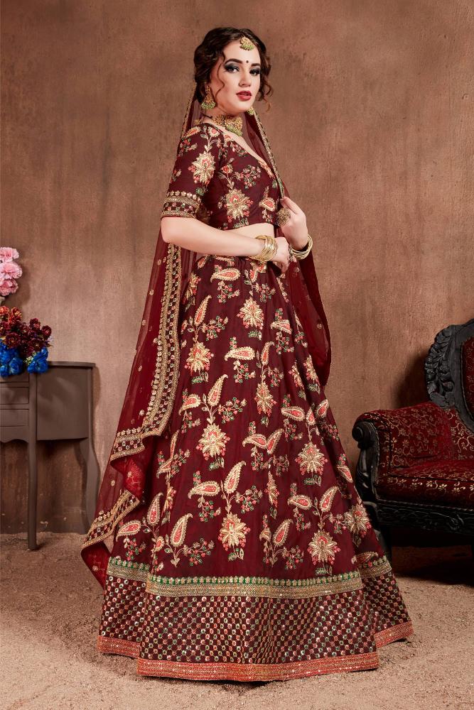 Dark Maroon Taffeta Silk Lehenga Choli