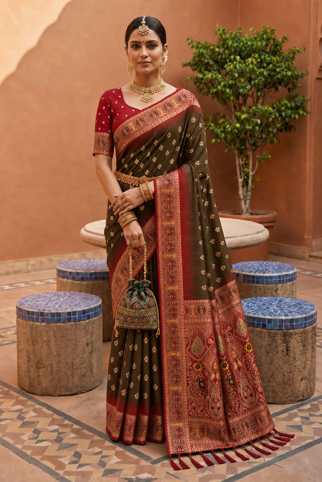 Dark Mehendi Floral Zari Soft Silk Saree