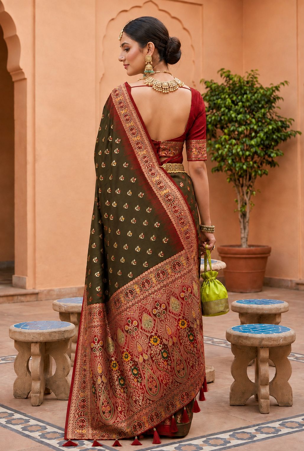 Dark Mehendi Floral Zari Soft Silk Saree — alternate view