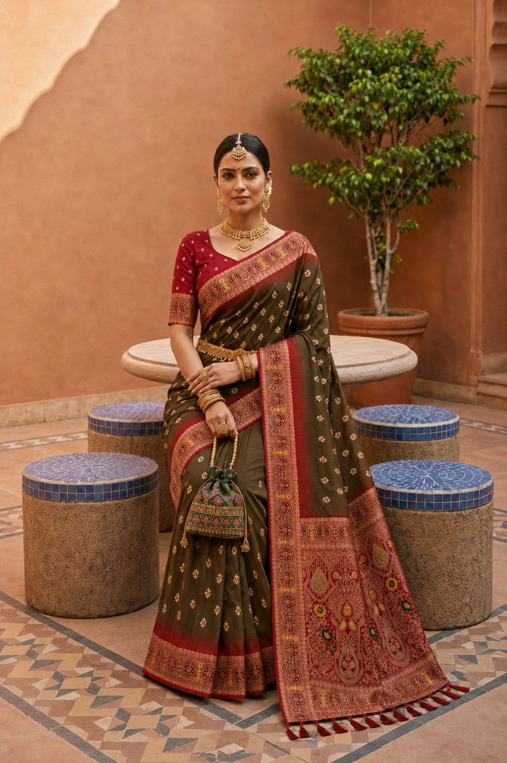 Dark Mehendi Floral Zari Soft Silk Saree