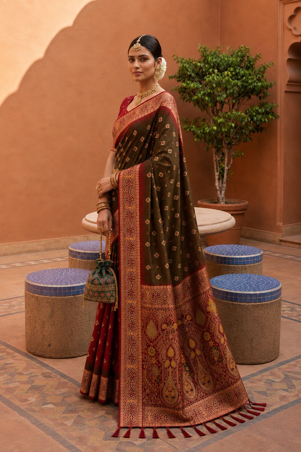 Dark Mehendi Floral Zari Soft Silk Saree