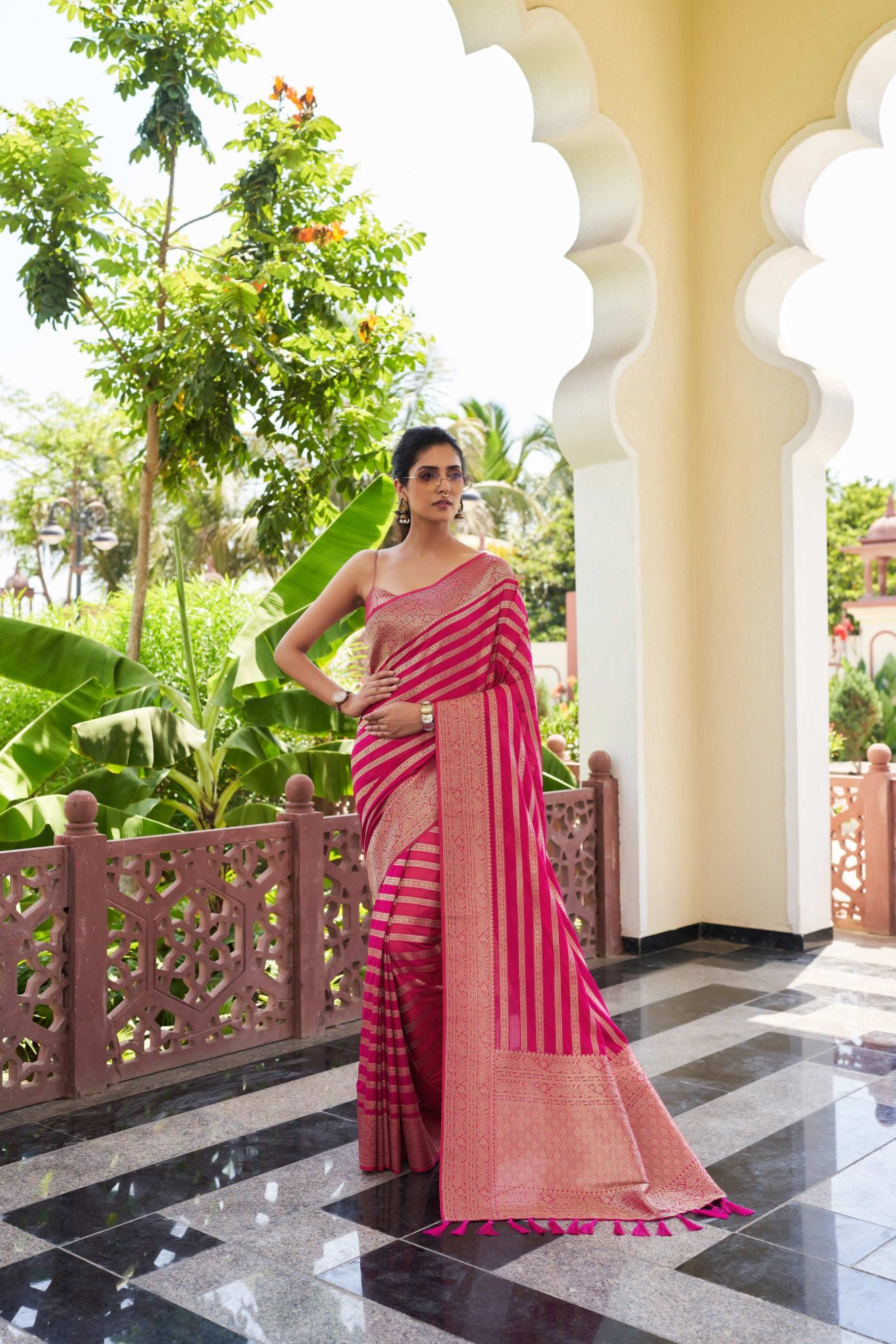 Dark Pink Georgette Zari Striped Saree