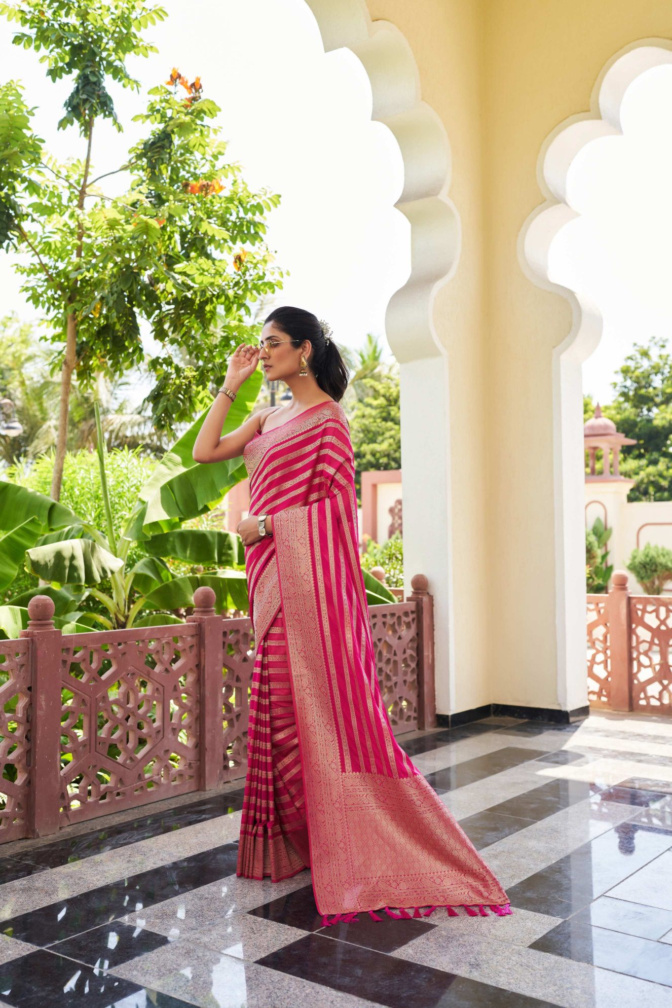 Dark Pink Georgette Zari Striped Saree — alternate view