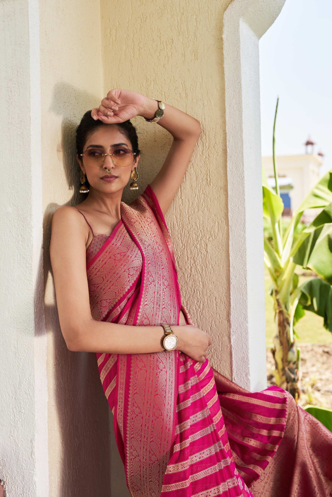 Dark Pink Georgette Zari Striped Saree