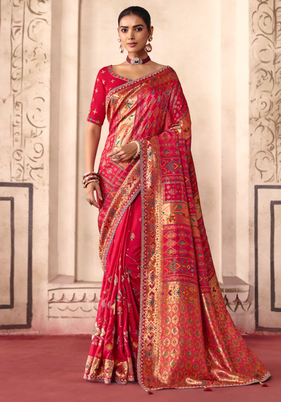 Dark Pink Heavy Embroidery Sequin Dola Silk Saree