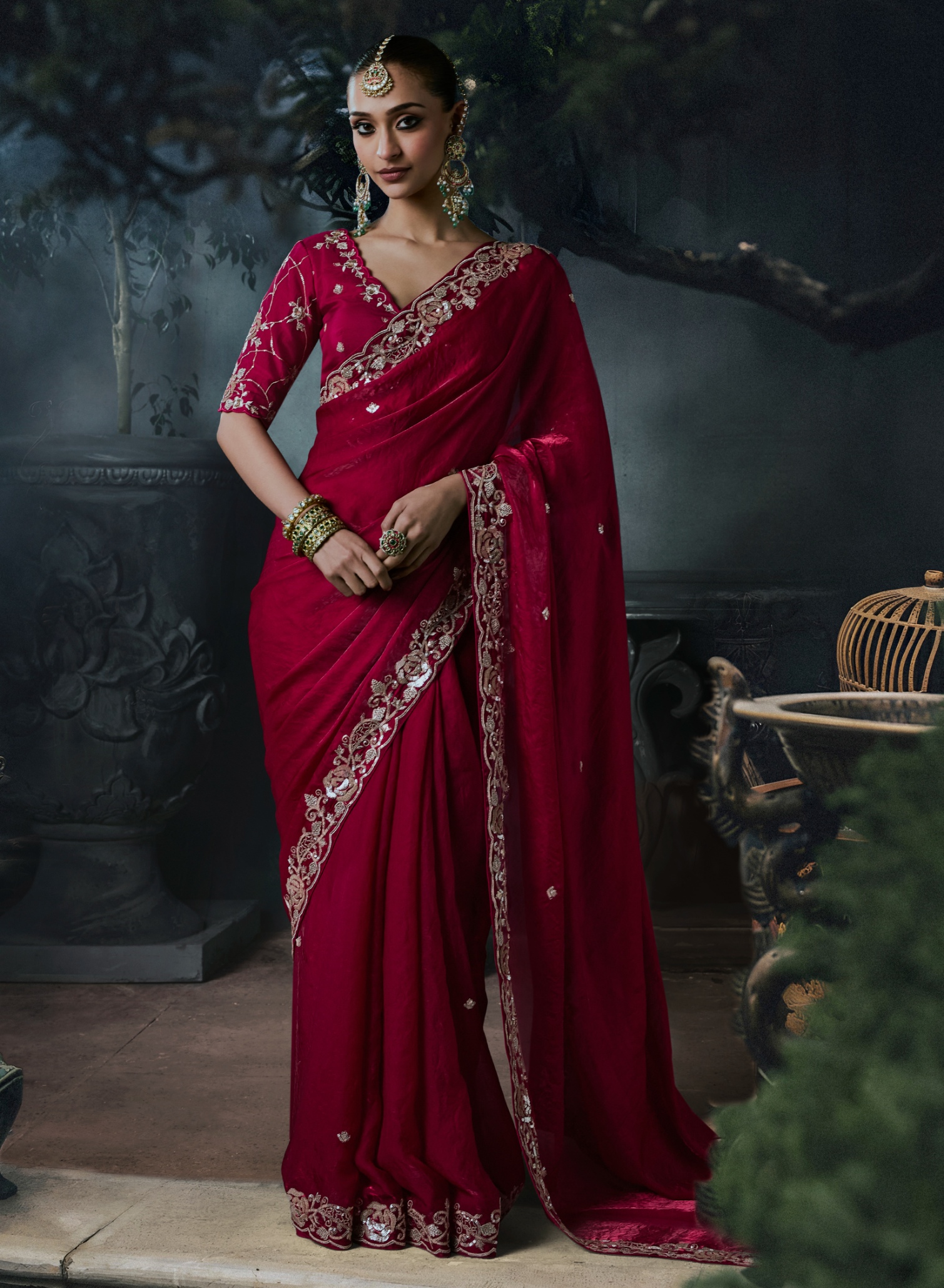 Dark Pink Heavy Thread Embroidery Tissue Silk Saree