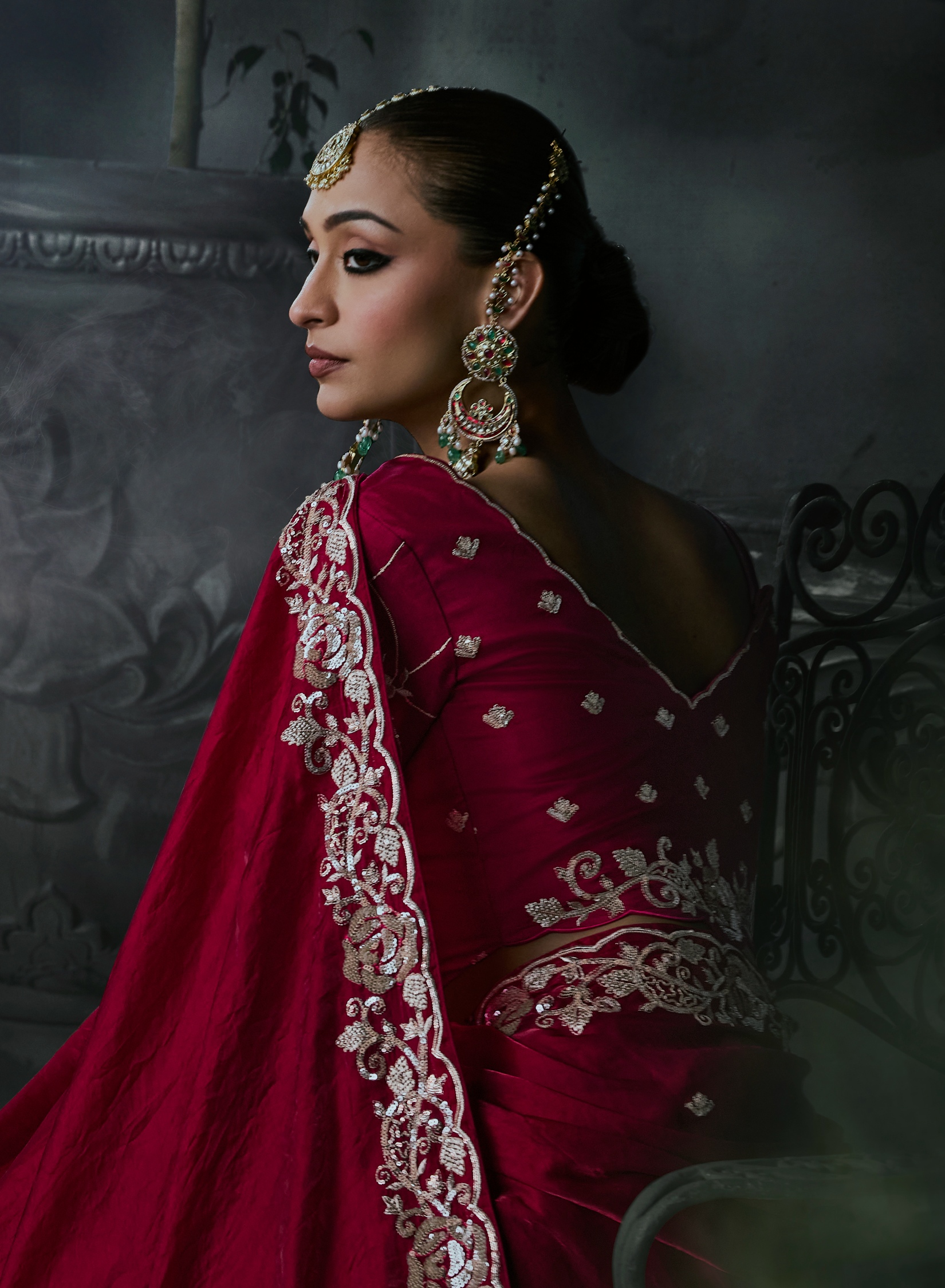 Dark Pink Heavy Thread Embroidery Tissue Silk Saree — alternate view