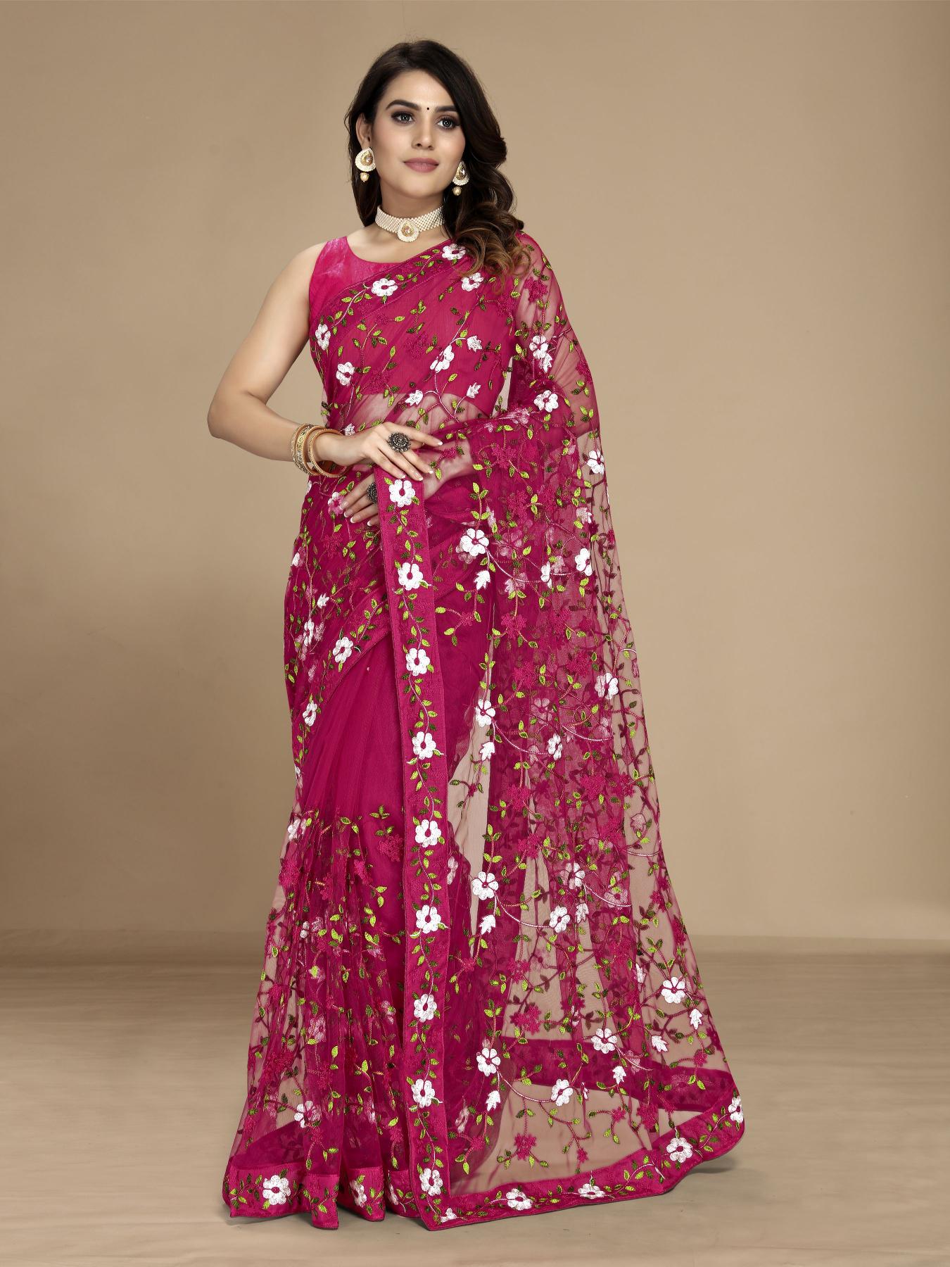 Dark Pink Soft Net Embroidered Saree