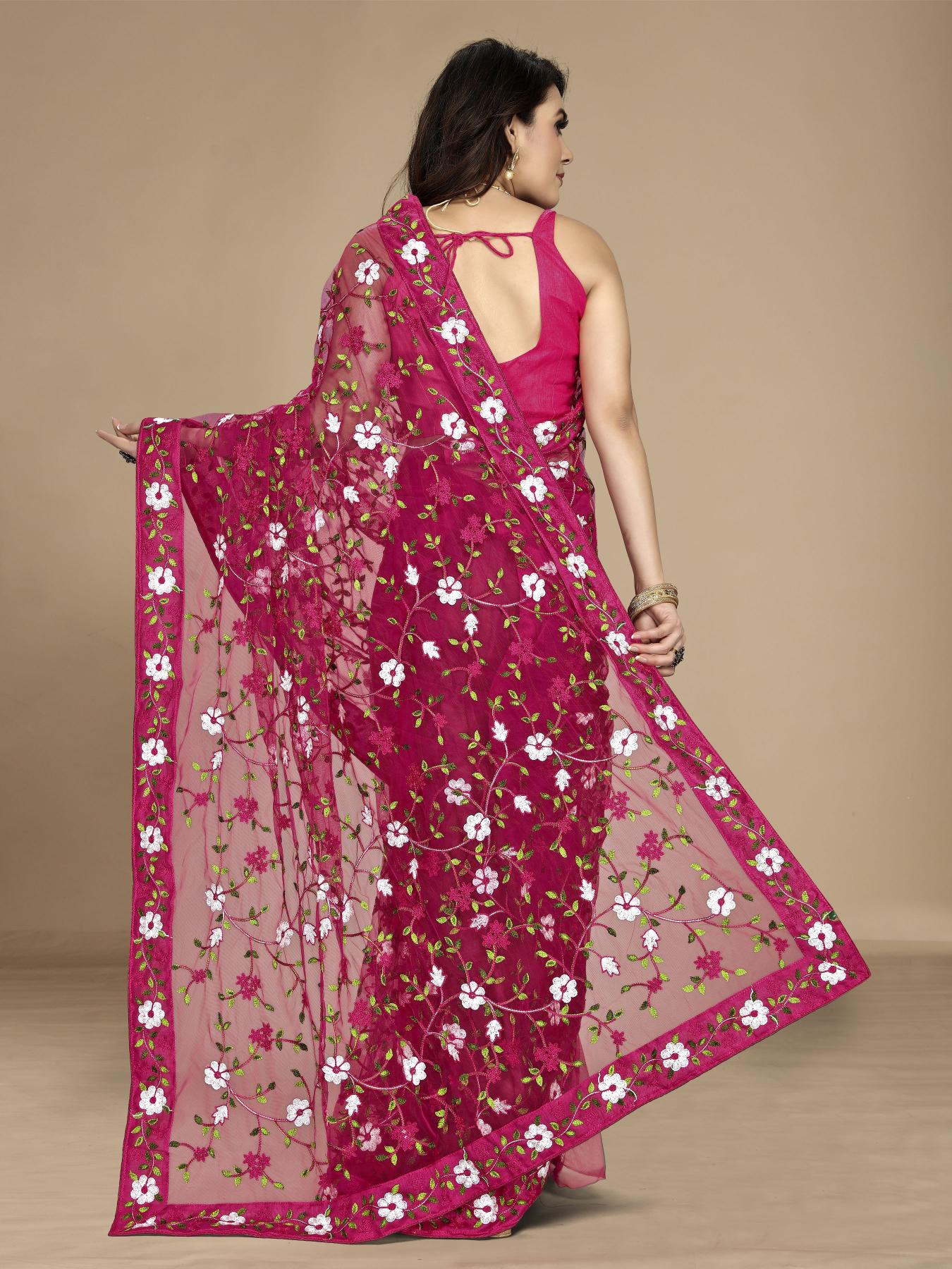 Dark Pink Soft Net Embroidered Saree — alternate view