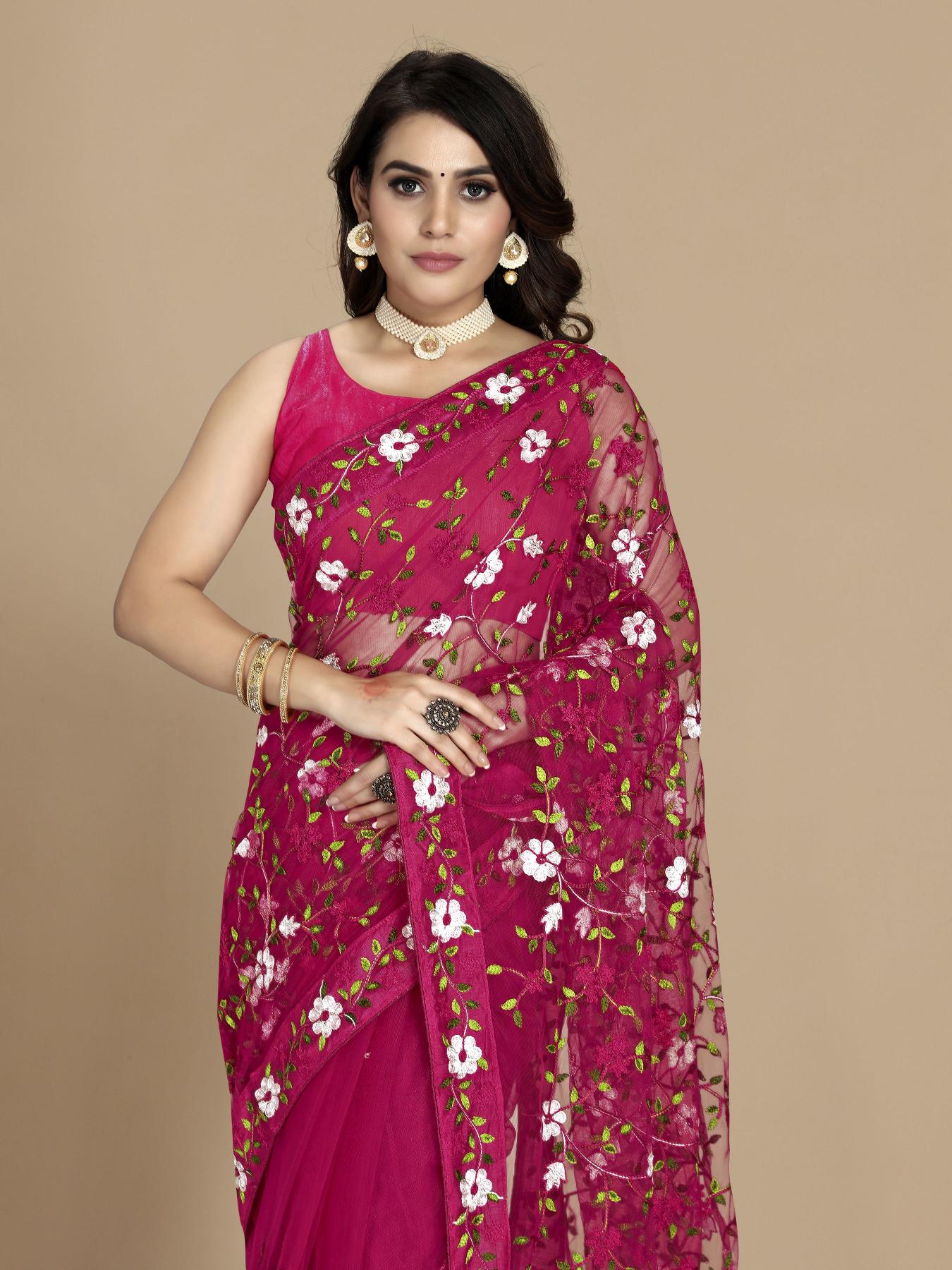 Dark Pink Soft Net Embroidered Saree
