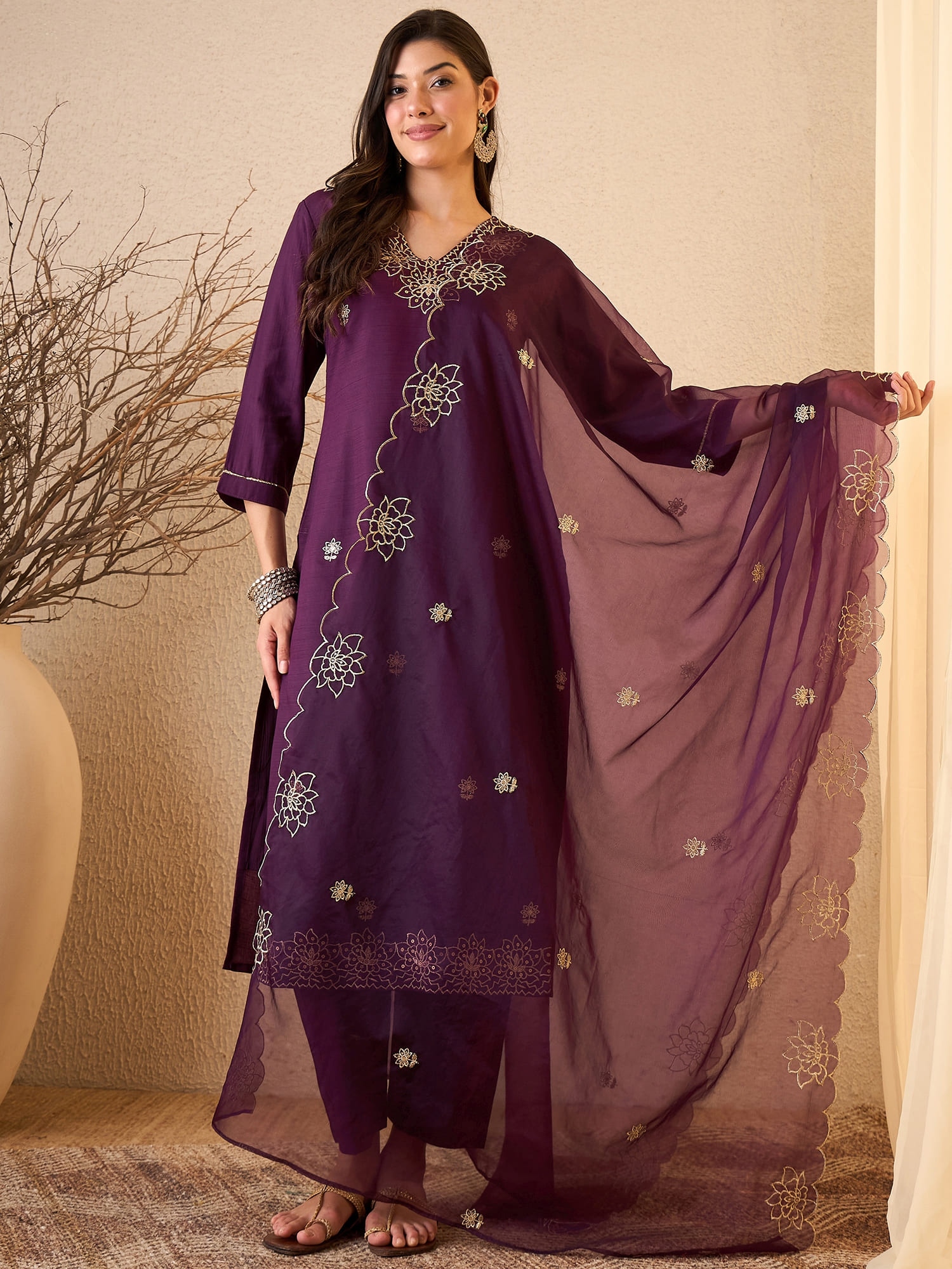 Dark Purple Embroidered Silk Blend Straight Suit