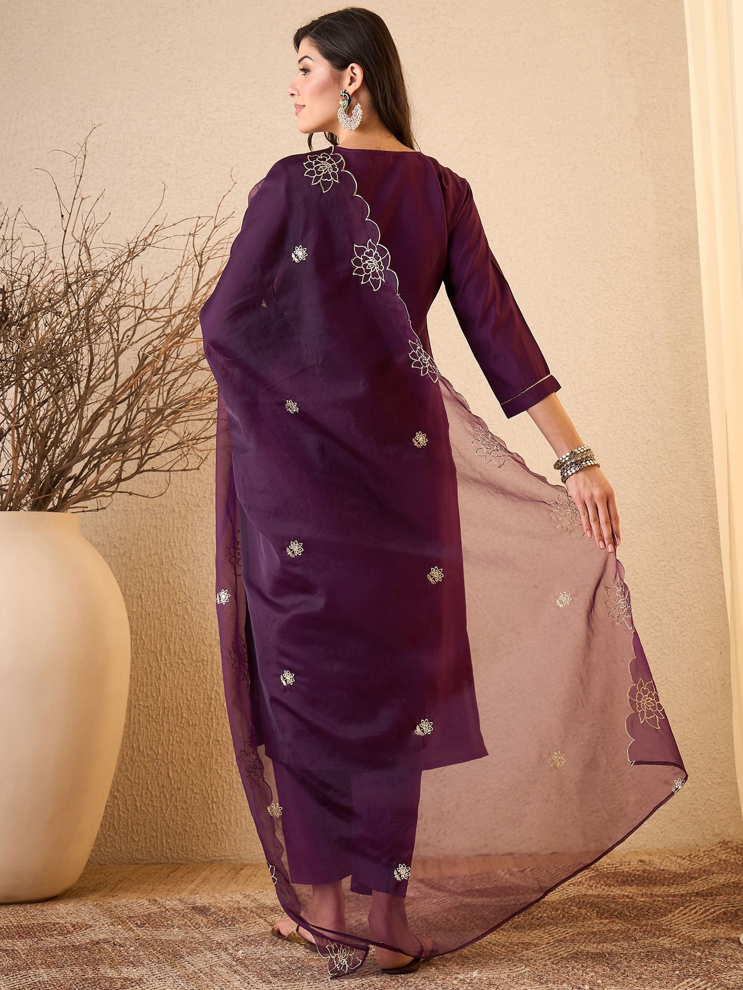 Dark Purple Embroidered Silk Blend Straight Suit — alternate view