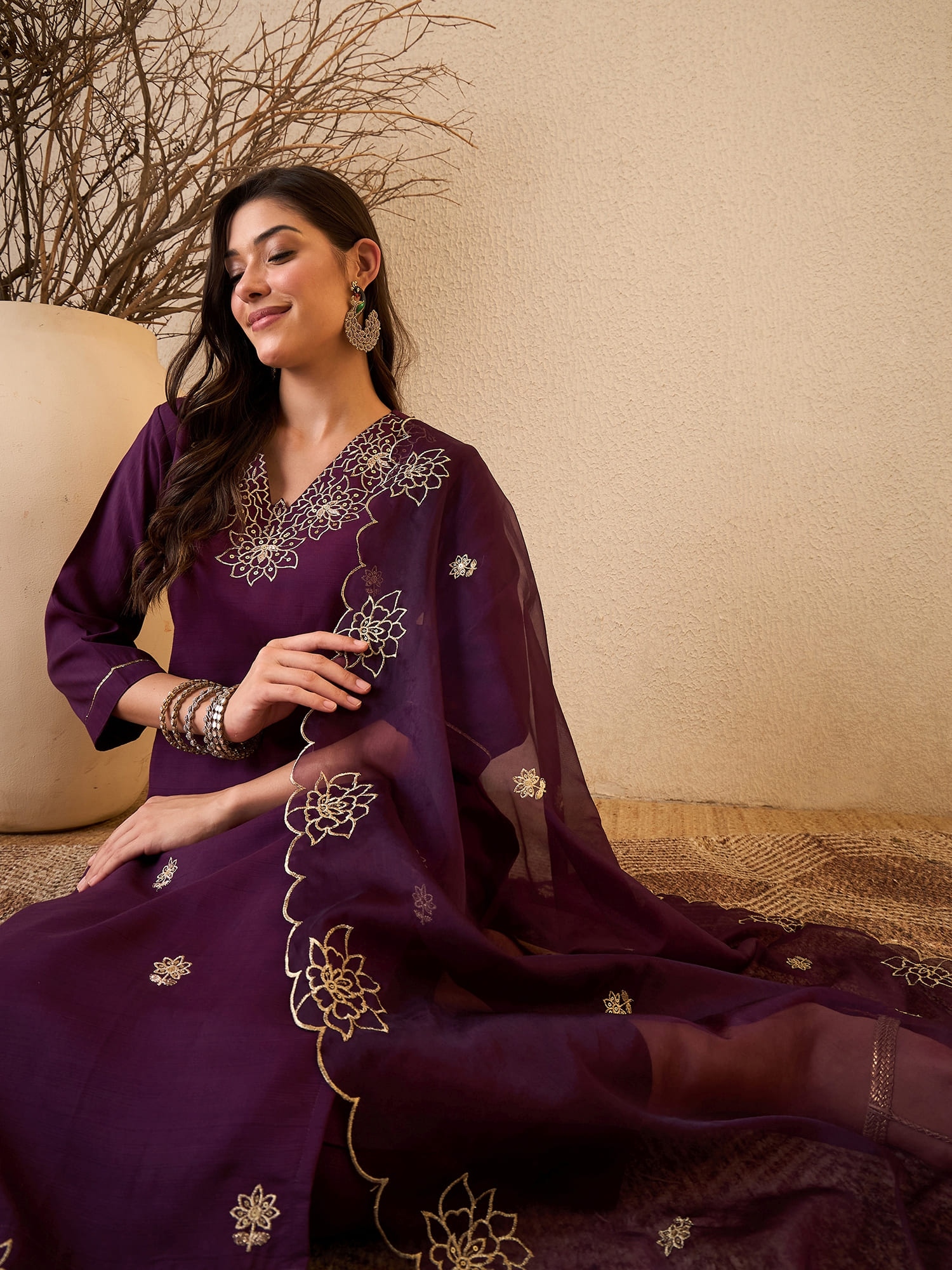 Dark Purple Embroidered Silk Blend Straight Suit