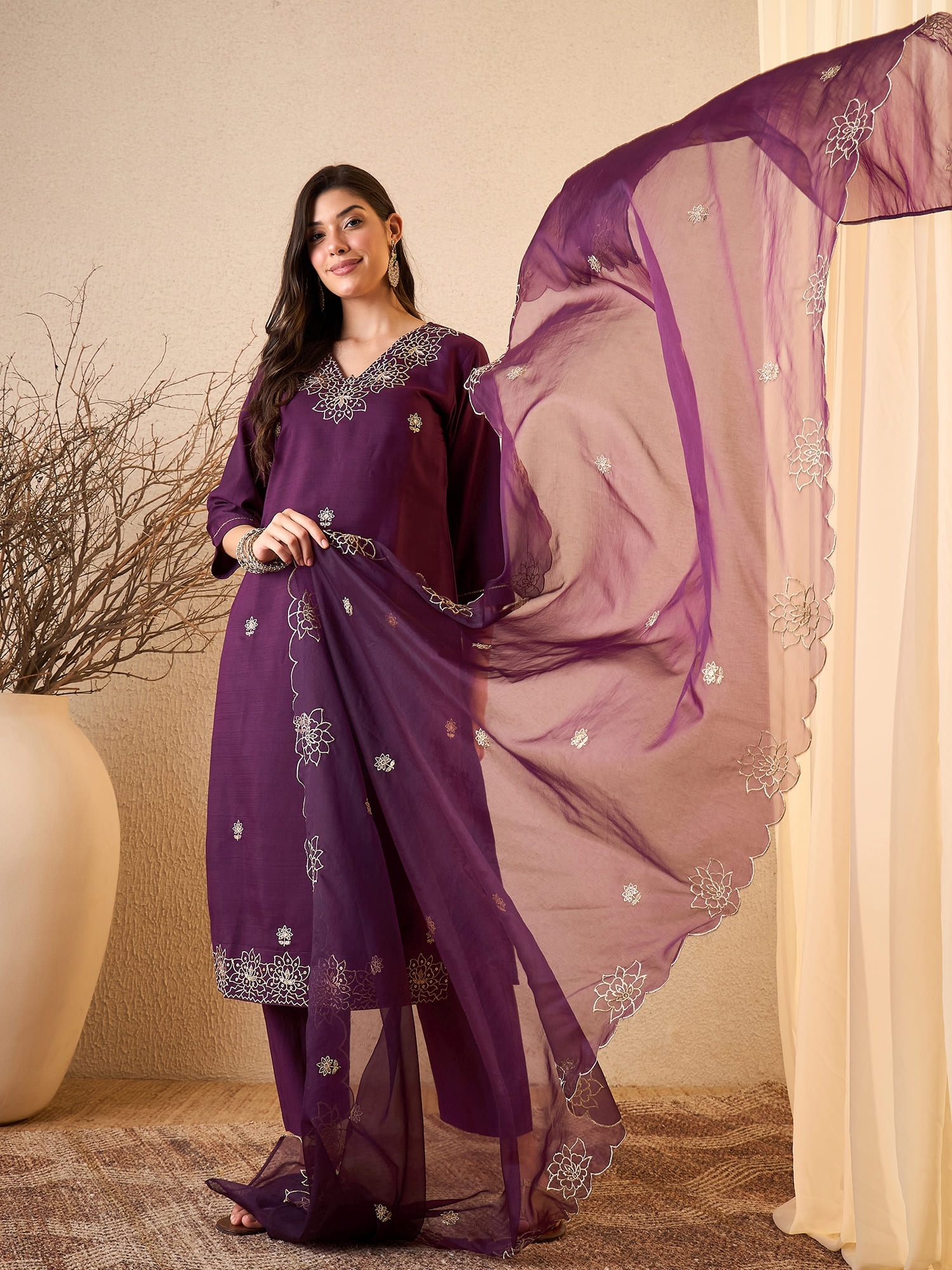 Dark Purple Embroidered Silk Blend Straight Suit