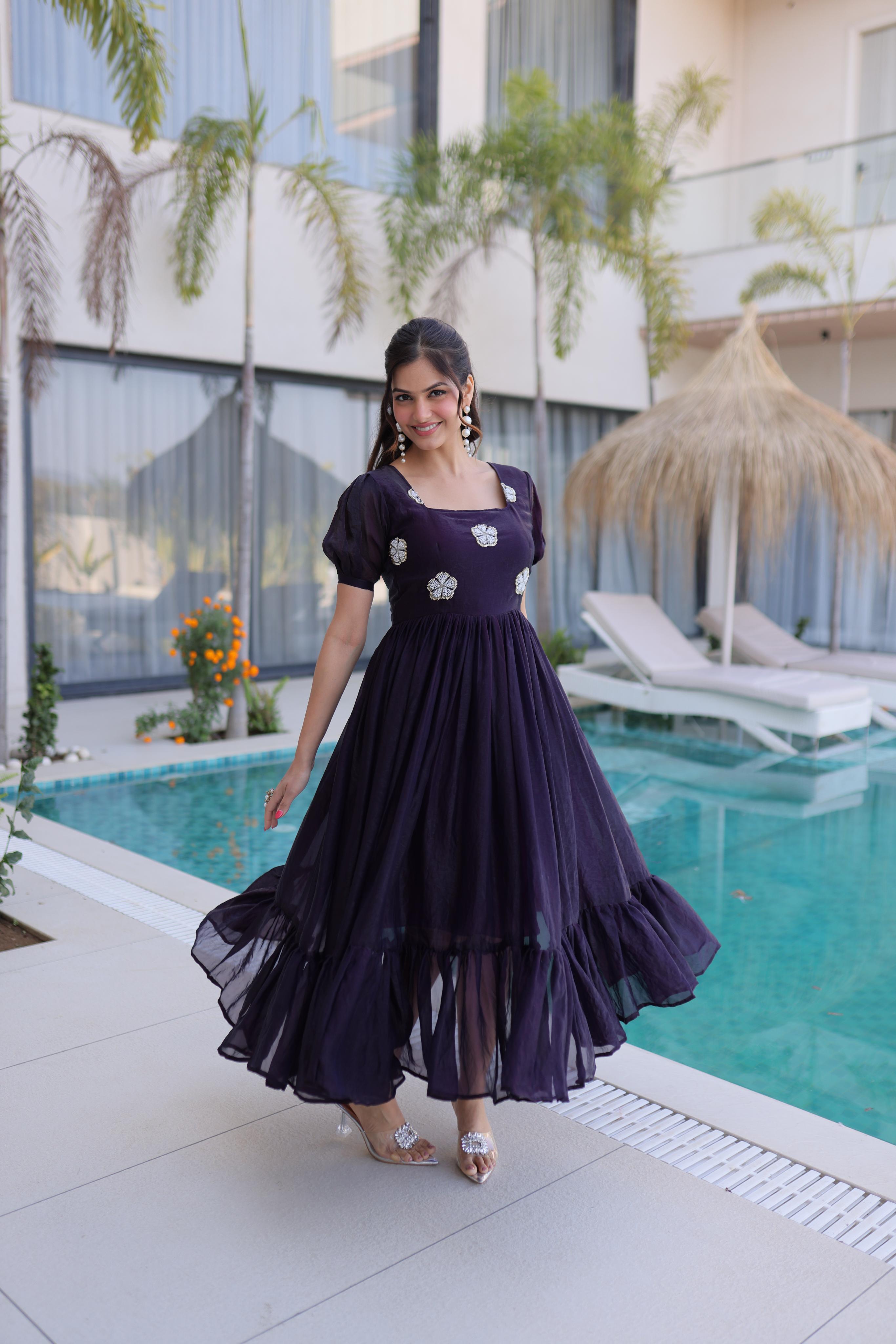 Dark Purple Fendi Silk Luxury Beads Embroidered Gown