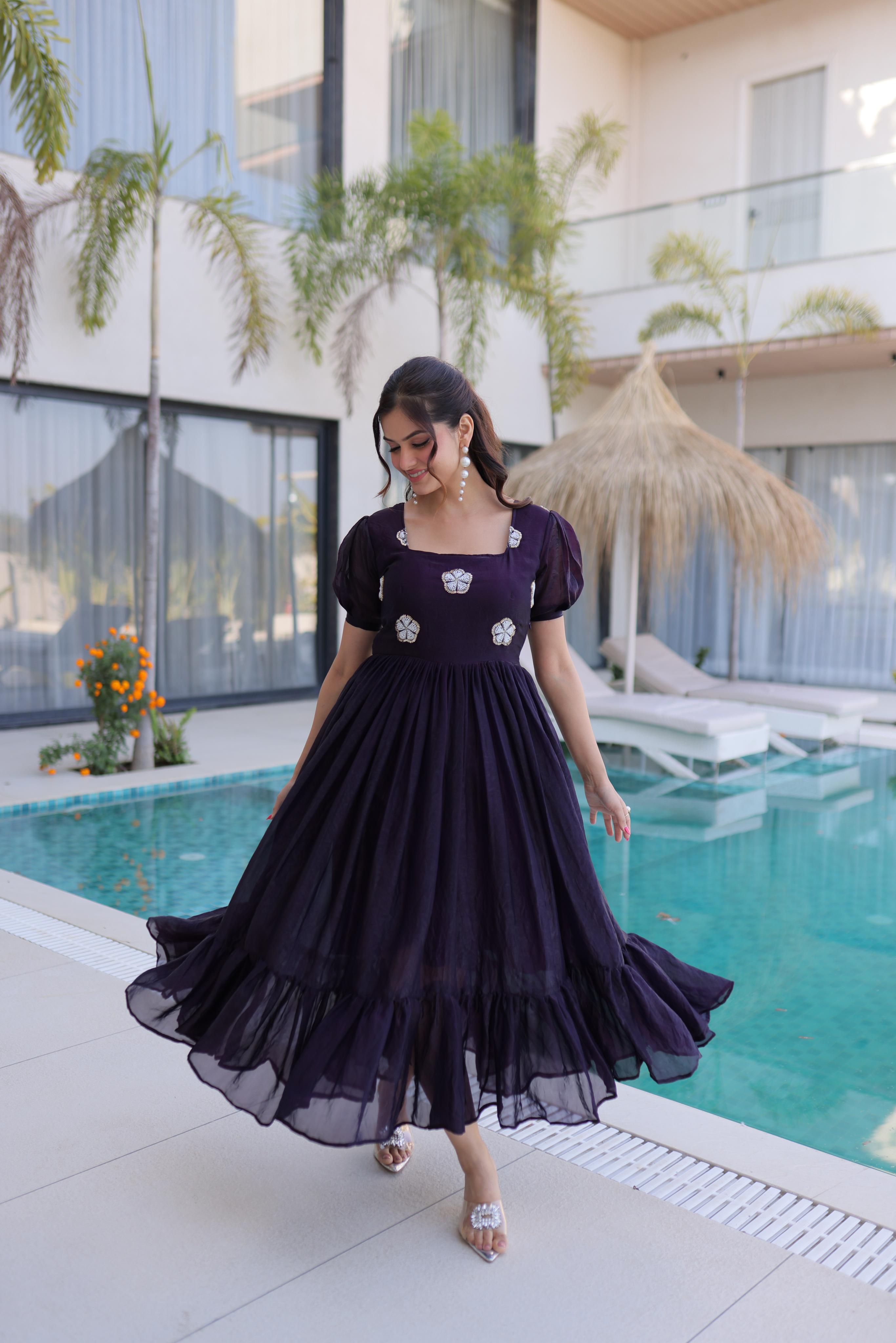 Dark Purple Fendi Silk Luxury Beads Embroidered Gown — alternate view