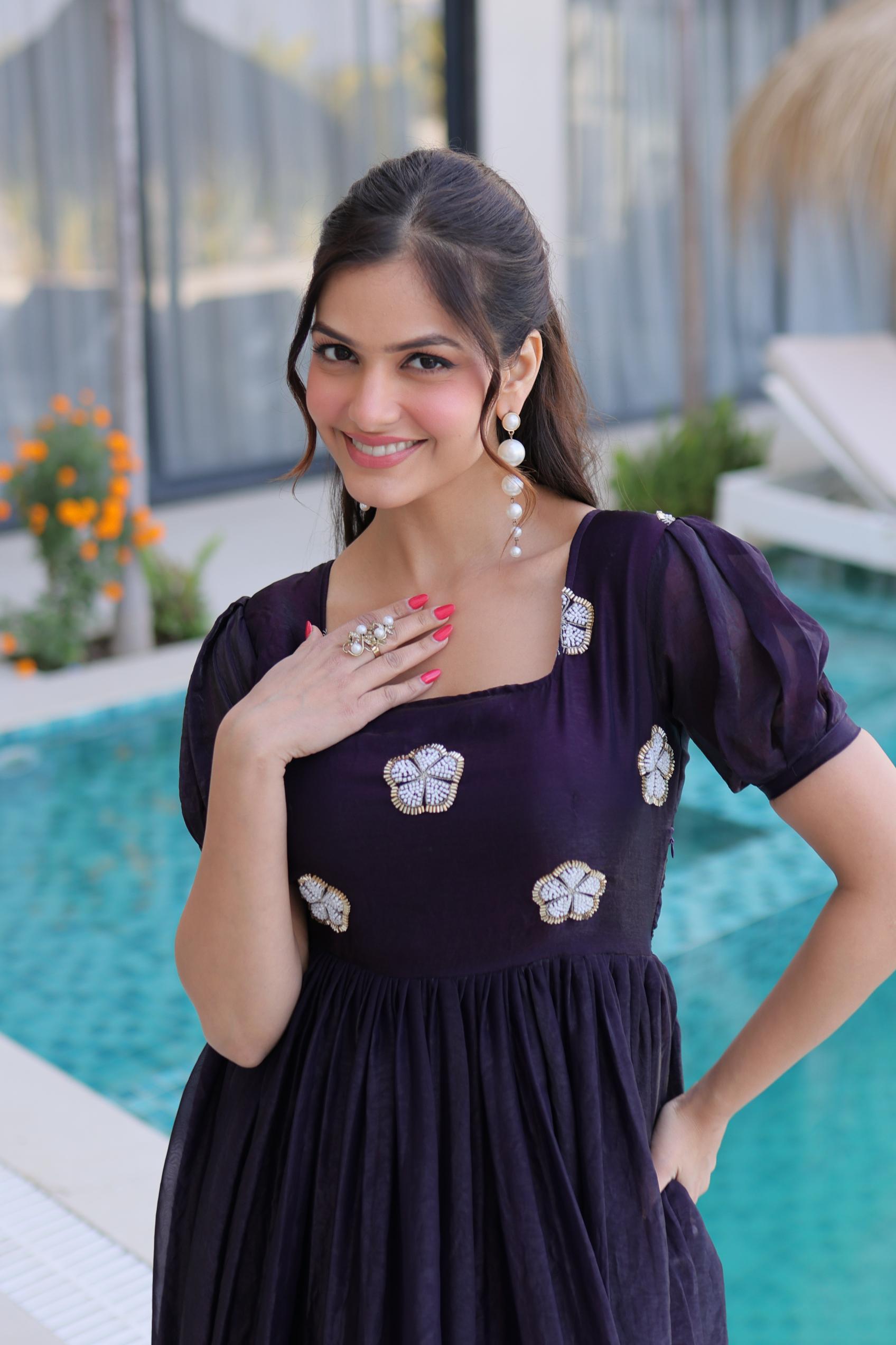 Dark Purple Fendi Silk Luxury Beads Embroidered Gown