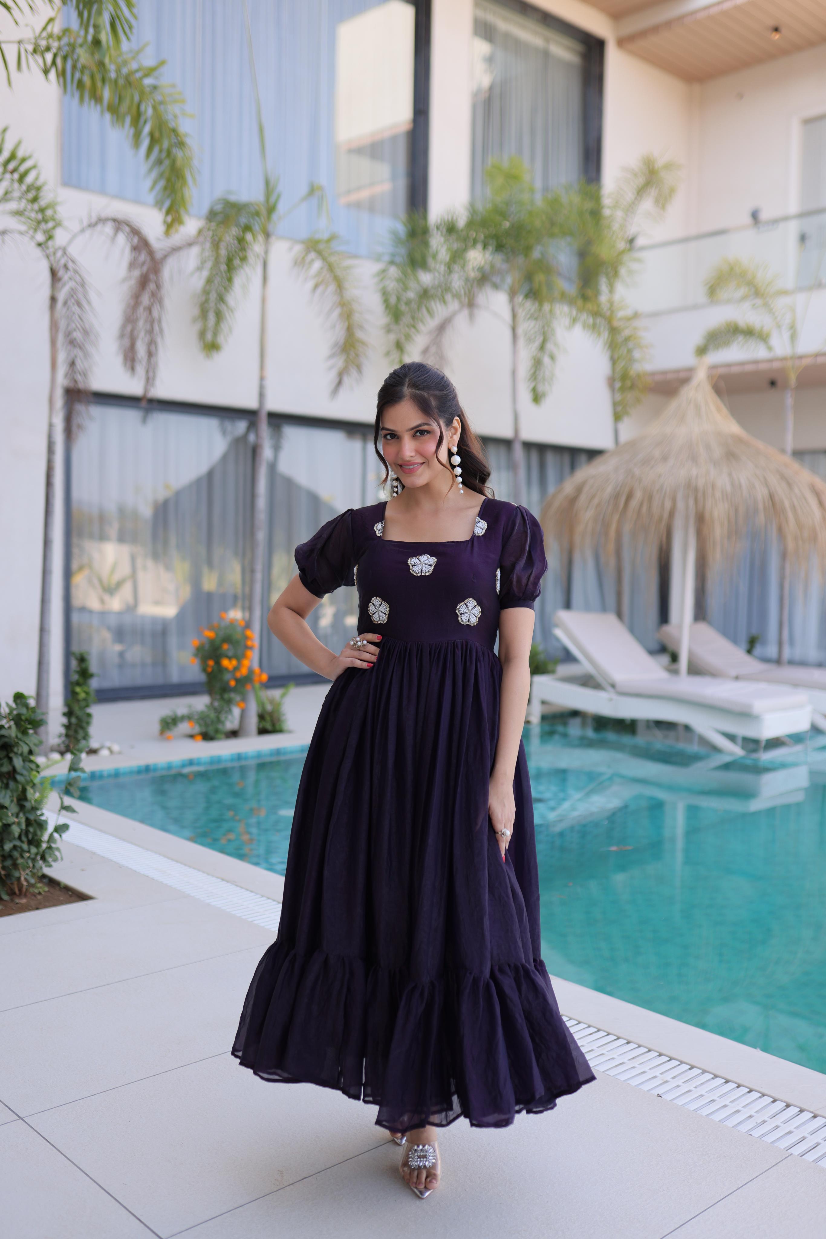 Dark Purple Fendi Silk Luxury Beads Embroidered Gown