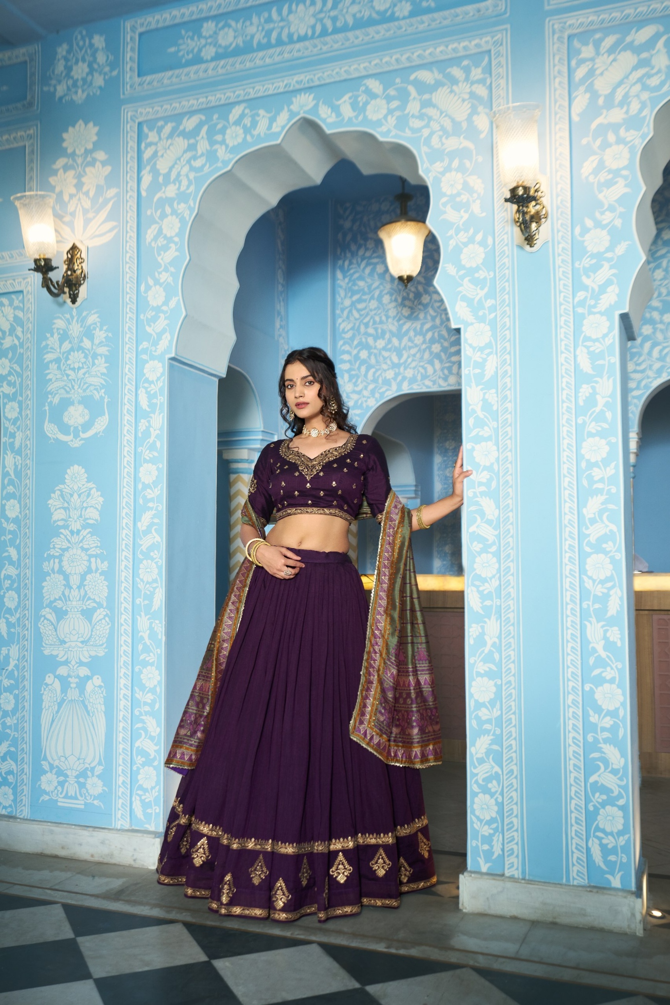 Dark Purple Mughal Embroidered Vichitra Silk Lehenga Choli