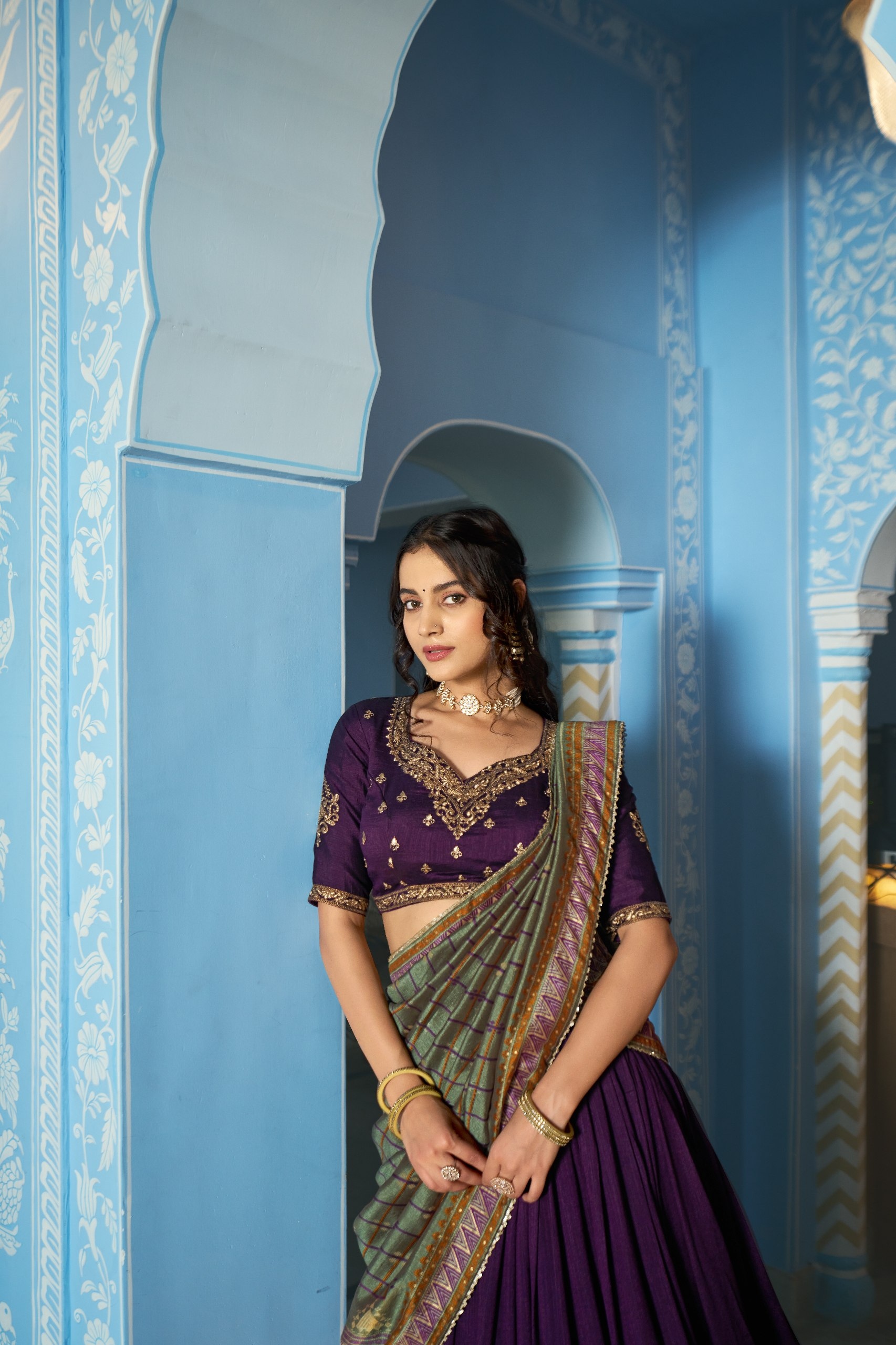 Dark Purple Mughal Embroidered Vichitra Silk Lehenga Choli