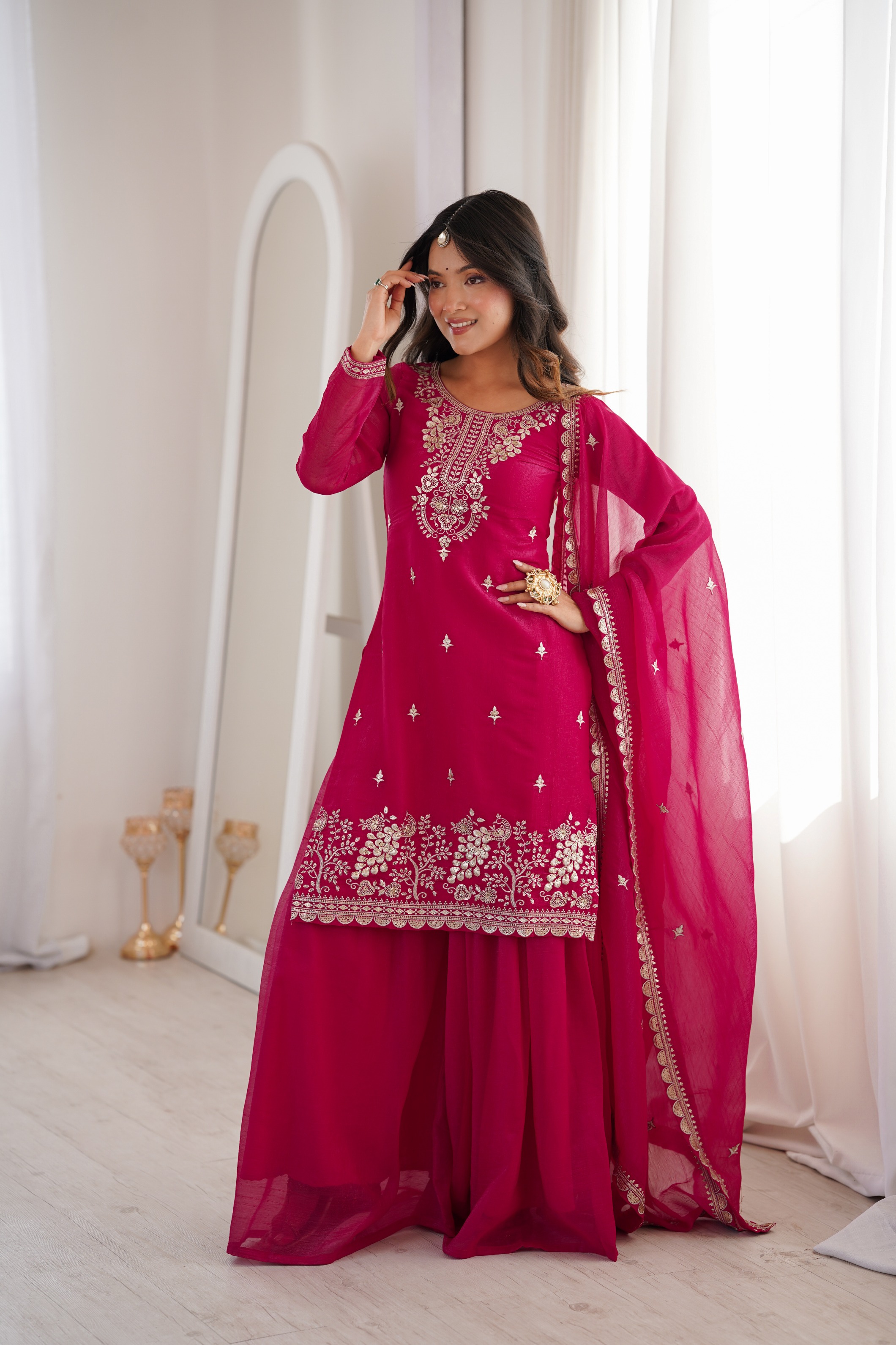 Dark Rani Pink Embroidered Crunchy Silk Sharara Set