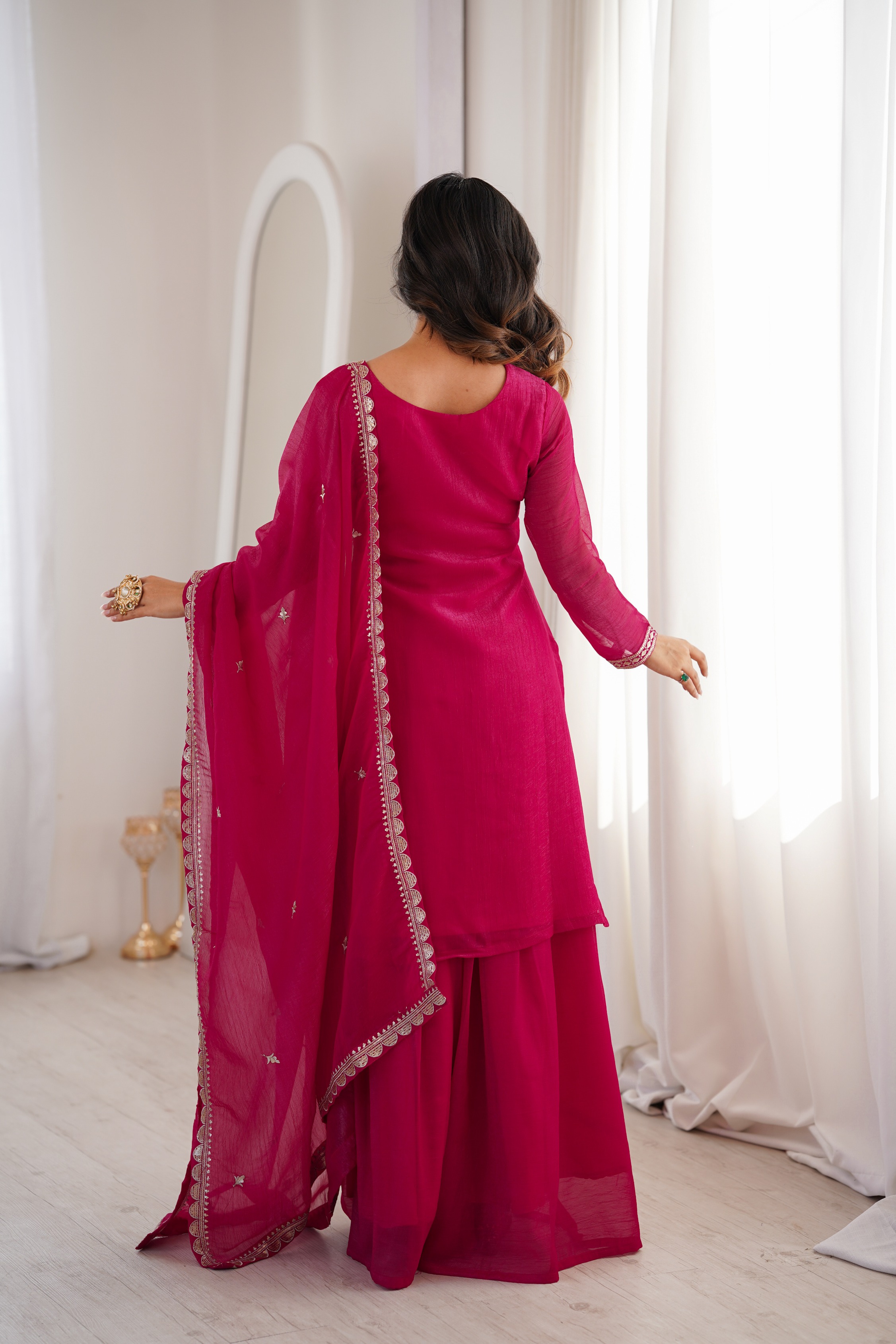 Dark Rani Pink Embroidered Crunchy Silk Sharara Set — alternate view